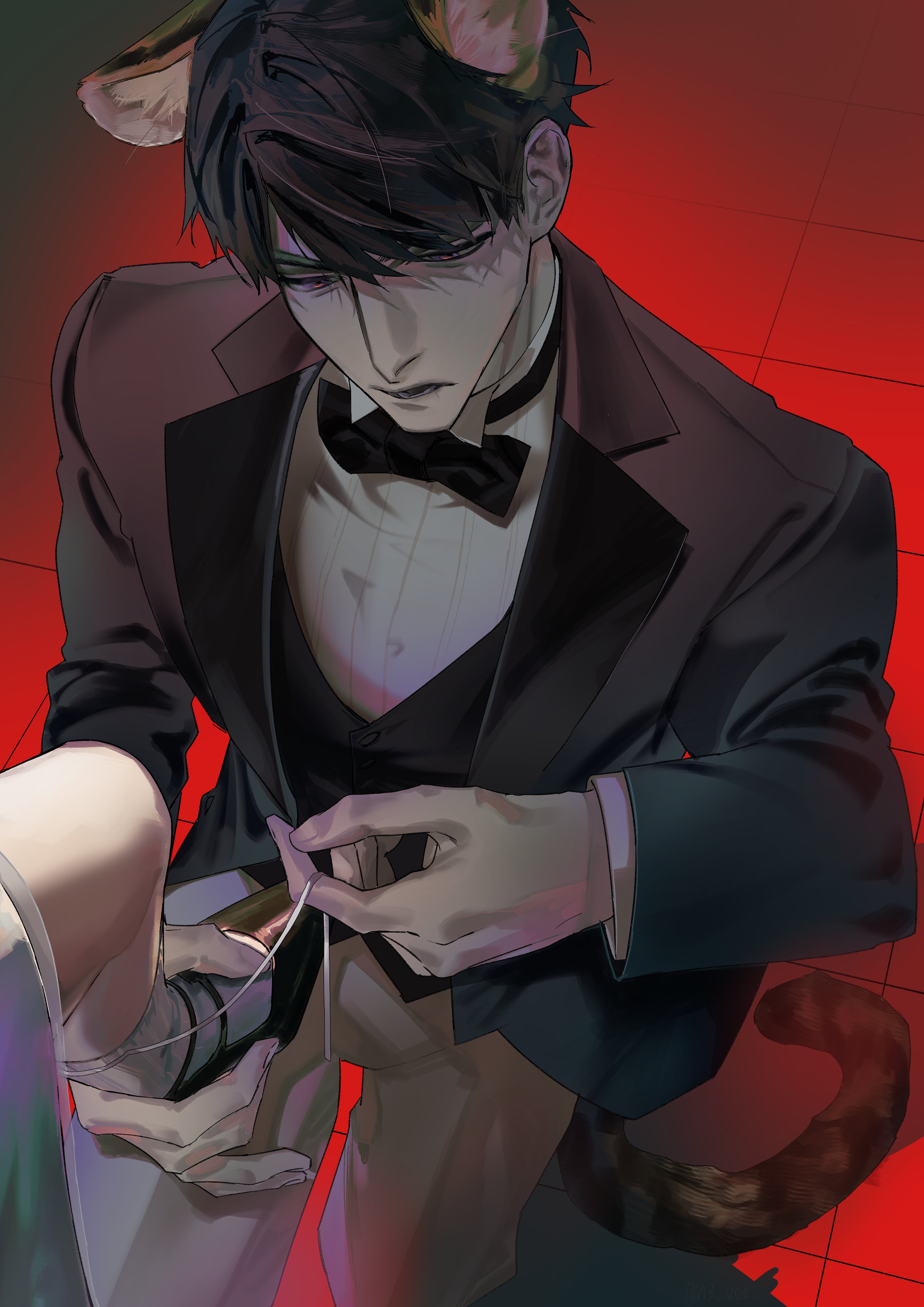 caleb (love and deepspace), protagonist (love and deepspace), love and deepspace, absurdres, highres, 1boy, 1girl, animal ears, black bow, black bowtie, black hair, black shoes, black vest, bow, bowtie, brown jacket, cat ears, cat tail, collared shirt, grey pants, hair between eyes, hetero, holding another's foot, jacket, kemonomimi mode, n3 vee, on one knee, pants, parted lips, shirt, shoes, short hair, socks, suit jacket, tail, tile floor, tiles, vest, white shirt, white socks