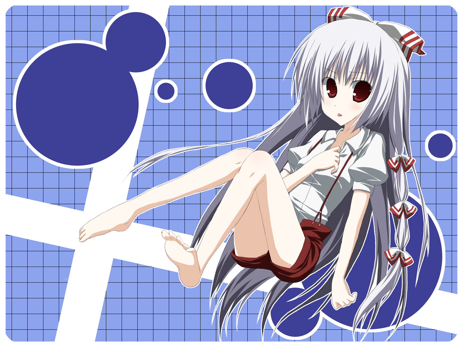 miyupon, fujiwara no mokou, touhou, silver hair, bad id, bad pixiv id, highres, 1girl, barefoot, bow, feet, female focus, hair bow, long hair, multiple hair bows, red eyes, shorts, sitting, solo, suspenders, very long hair