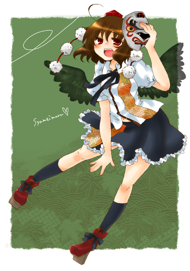takamura, shameimaru aya, touhou, bad id, bad pixiv id, 1girl, black wings, brown hair, expressionless, female focus, geta, hat, looking at viewer, mask, open mouth, red eyes, short hair, solo, tengu-geta, tokin hat, wings