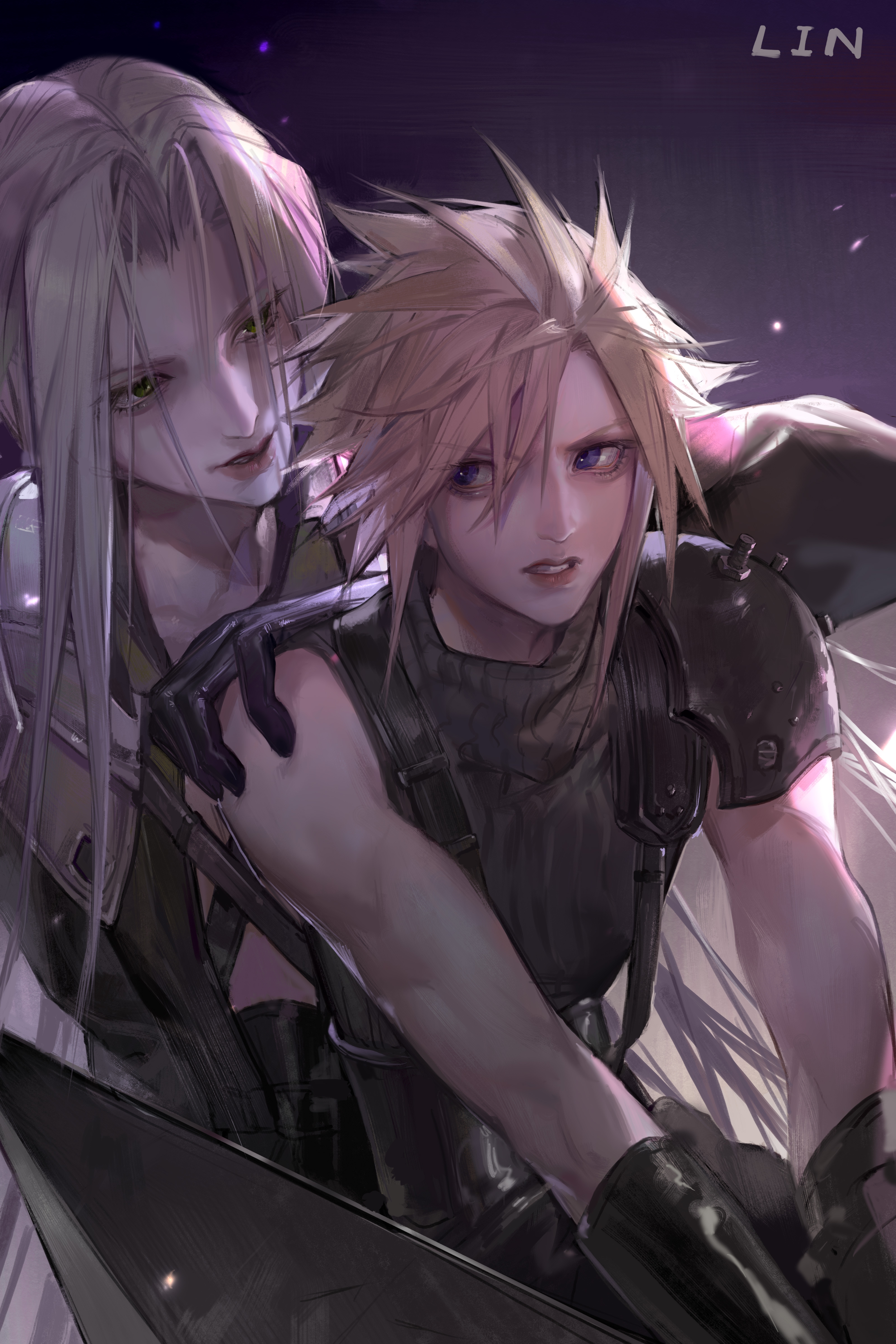 lin09, cloud strife, sephiroth, final fantasy, final fantasy vii, absurdres, commentary, highres, symbol-only commentary, 2boys, armor, artist name, black gloves, black sweater, blonde hair, blue eyes, curtained hair, eyes visible through hair, gloves, green eyes, grey hair, hair between eyes, hand on another's shoulder, long hair, male focus, multiple boys, parted bangs, ribbed sweater, short hair, shoulder armor, single bare shoulder, sleeveless, sleeveless sweater, sweater, turtleneck, turtleneck sweater