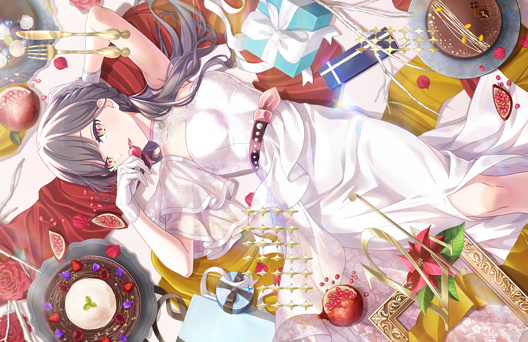 katsuragi izumi, link! like! love live!, love live!, game cg, highres, non-web source, official art, 1girl, armpits, arms up, box, braid, breasts, cake, chocolate cake, collarbone, dated, dress, flower, food, fork, fruit, gift, gift box, gloves, grey hair, holding, holding petal, katsuragi izumi (17th birthday), looking at viewer, low side ponytail, medium breasts, official alternate costume, open mouth, orange eyes, petals, pomegranate, red flower, red rose, rose, short sleeves, side braid, sideways, slit pupils, solo, table knife, virtual youtuber, white dress, white gloves