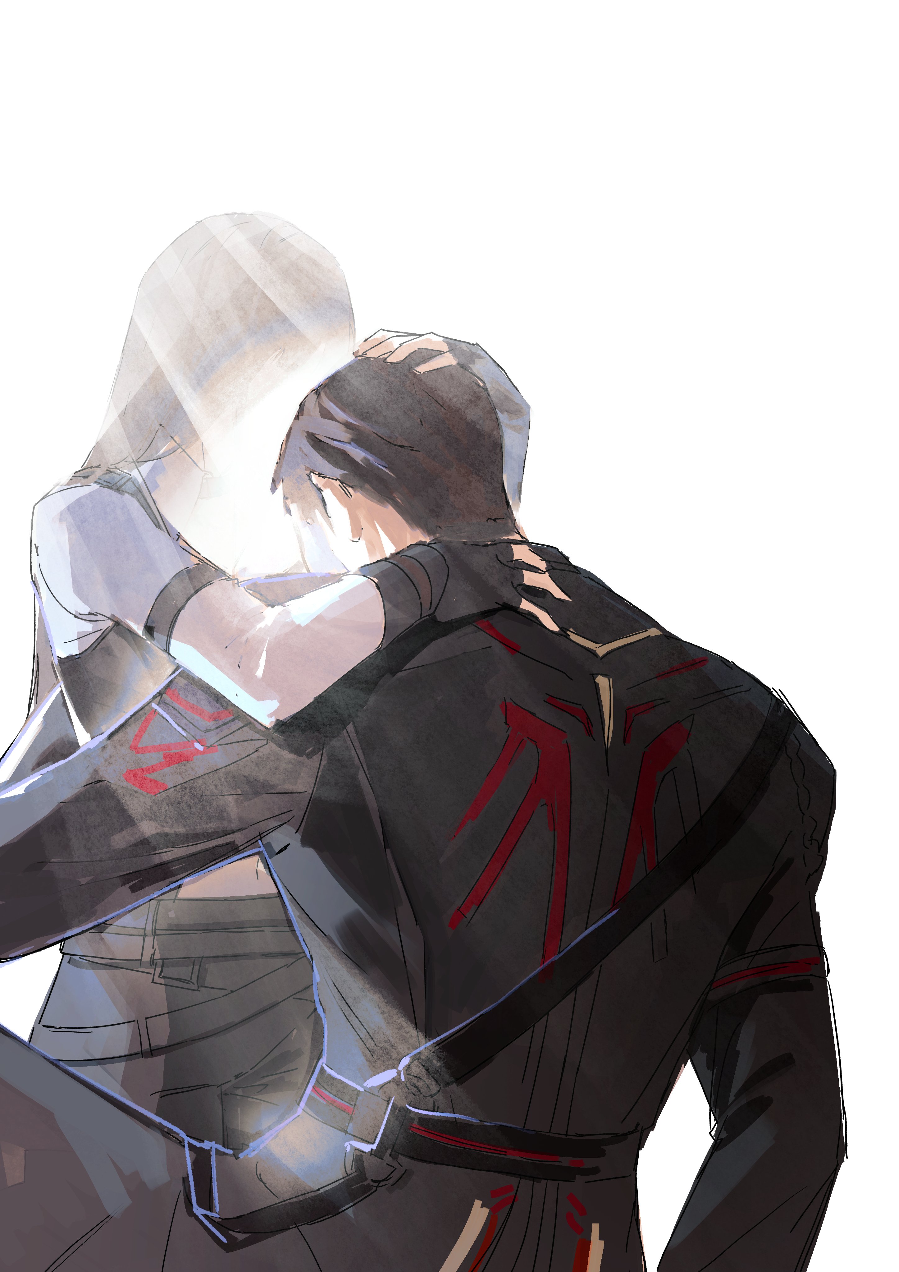 caleb (love and deepspace), protagonist (love and deepspace), love and deepspace, absurdres, highres, 1boy, 1girl, arm around neck, black coat, black gloves, black hair, black pants, black shirt, coat, couple, fingerless gloves, gloves, hand on another's head, hetero, long coat, long hair, n3 vee, pants, shirt, shirt under shirt, short hair, sketch, sunlight, upper body, white background, white shirt