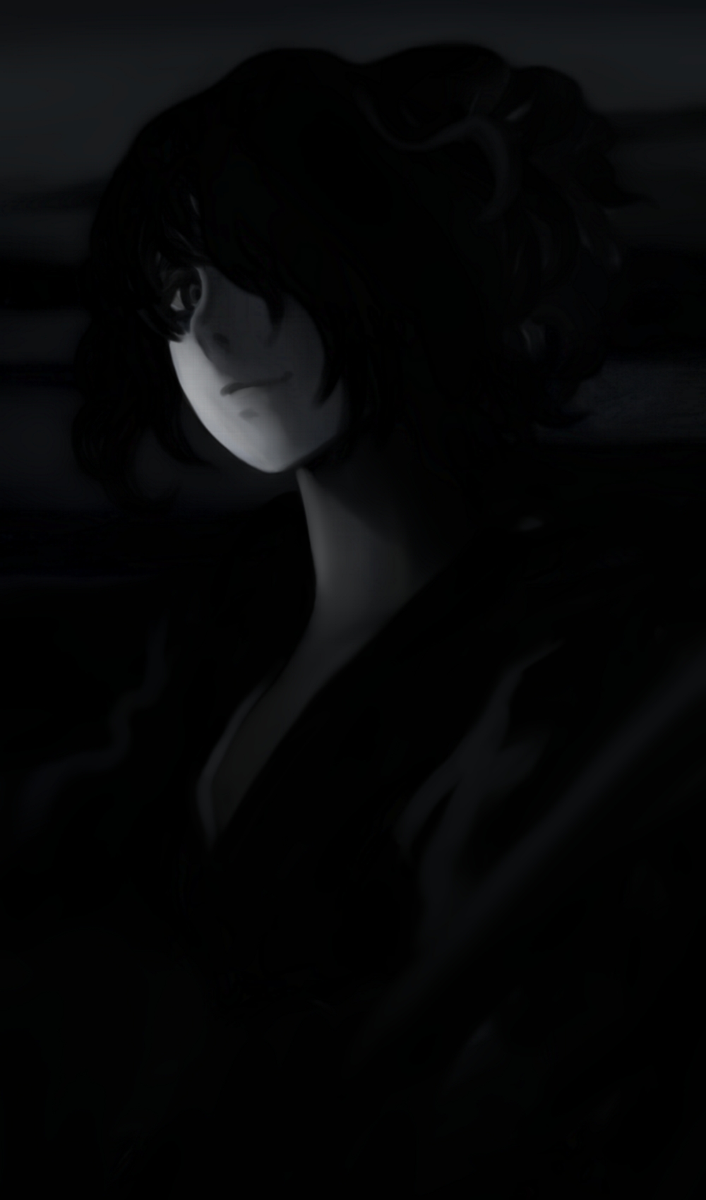 futon (kitsune tsuki), kitsune tsuki, onozuka komachi, touhou, highres, 1girl, dark, female focus, greyscale, hair over one eye, monochrome, smirk, solo