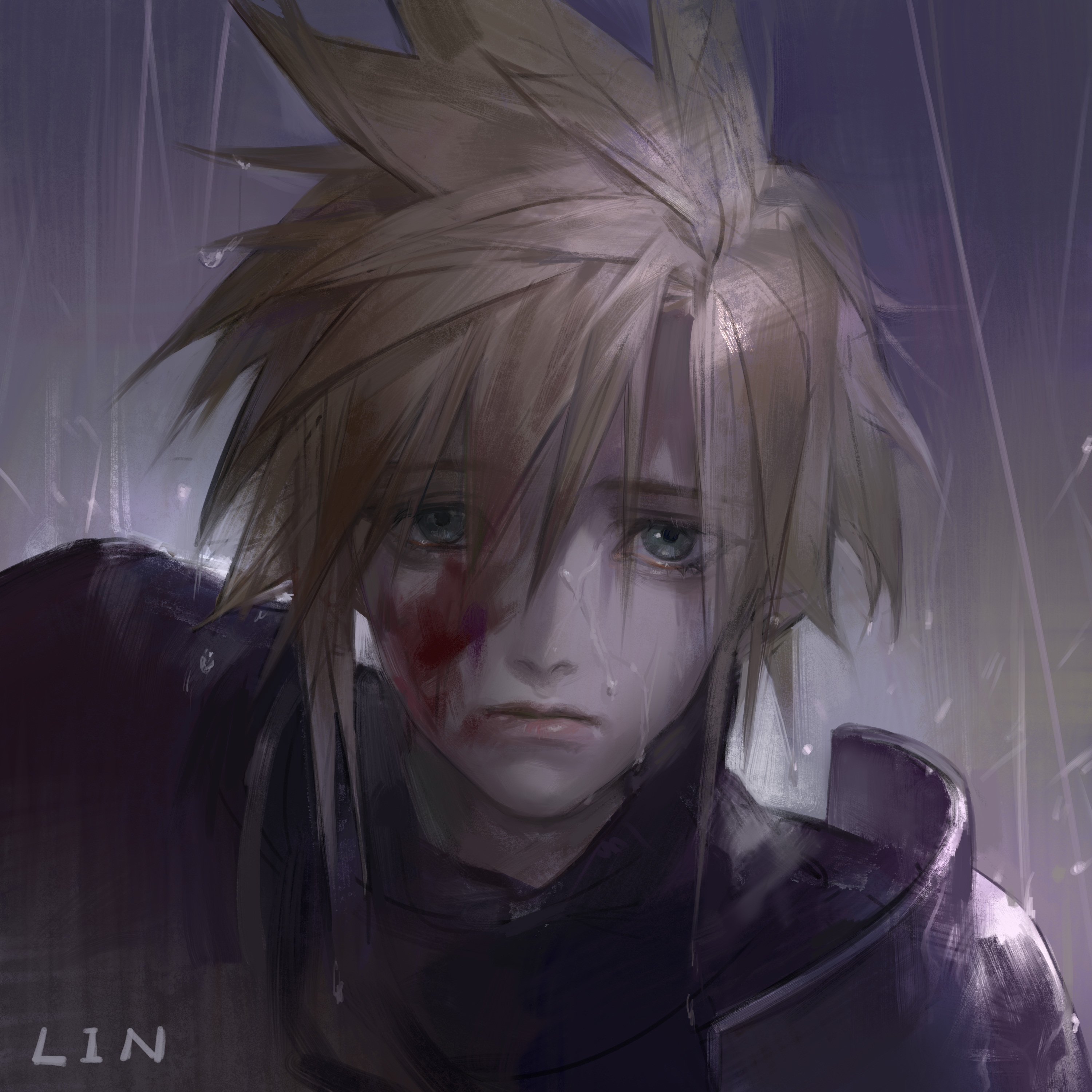 lin09, cloud strife, final fantasy, final fantasy vii, absurdres, chinese commentary, commentary request, highres, 1boy, artist name, black shirt, blonde hair, blood, blood on face, closed mouth, eyes visible through hair, green eyes, hair between eyes, looking at viewer, male focus, outdoors, portrait, rain, shirt, short hair, solo, wet