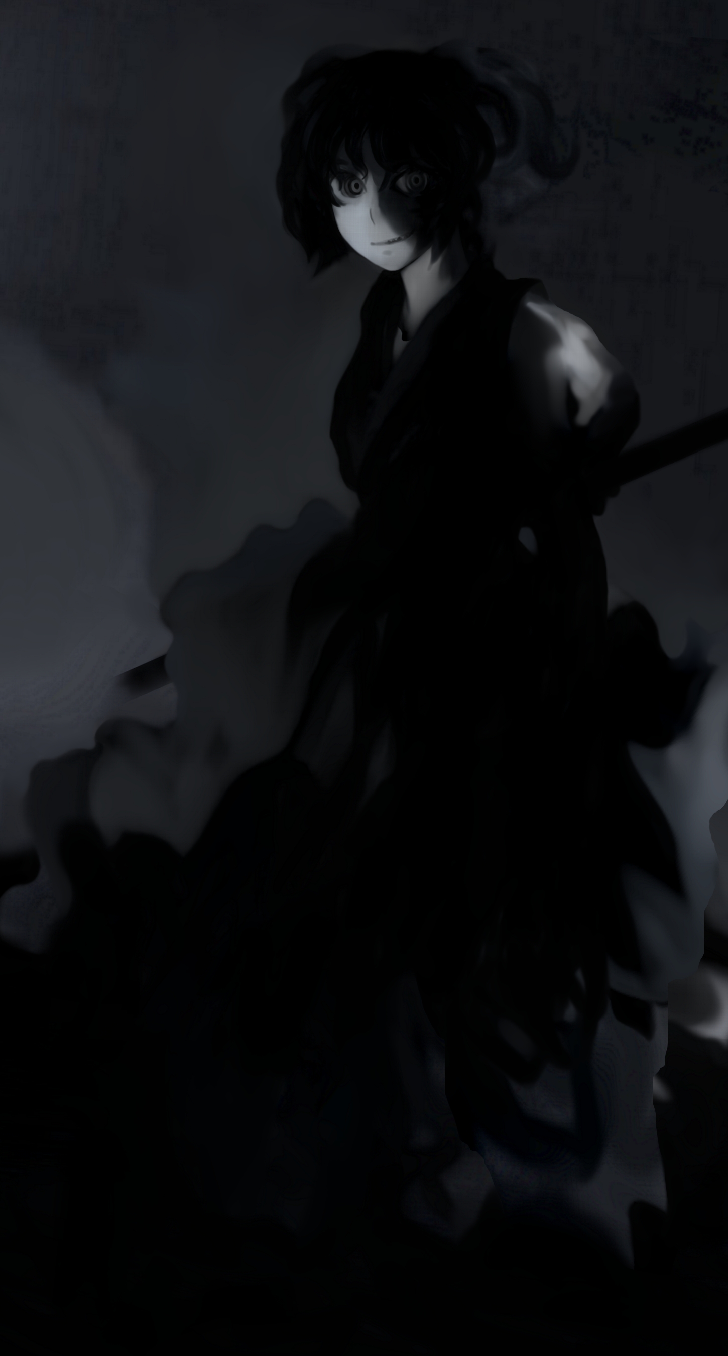 futon (kitsune tsuki), kitsune tsuki, onozuka komachi, touhou, absurdres, highres, 1girl, dark, female focus, greyscale, grin, monochrome, sharp teeth, smile, smirk, solo, teeth