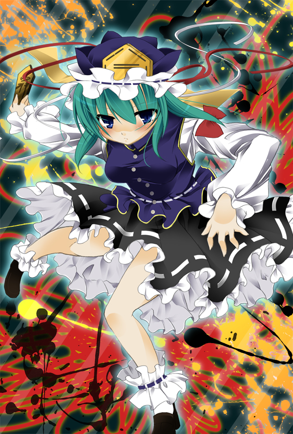 sakurato arusu, shiki eiki, touhou, bad id, bad pixiv id, 1girl, blue eyes, female focus, green hair, hat, rod of remorse, solo