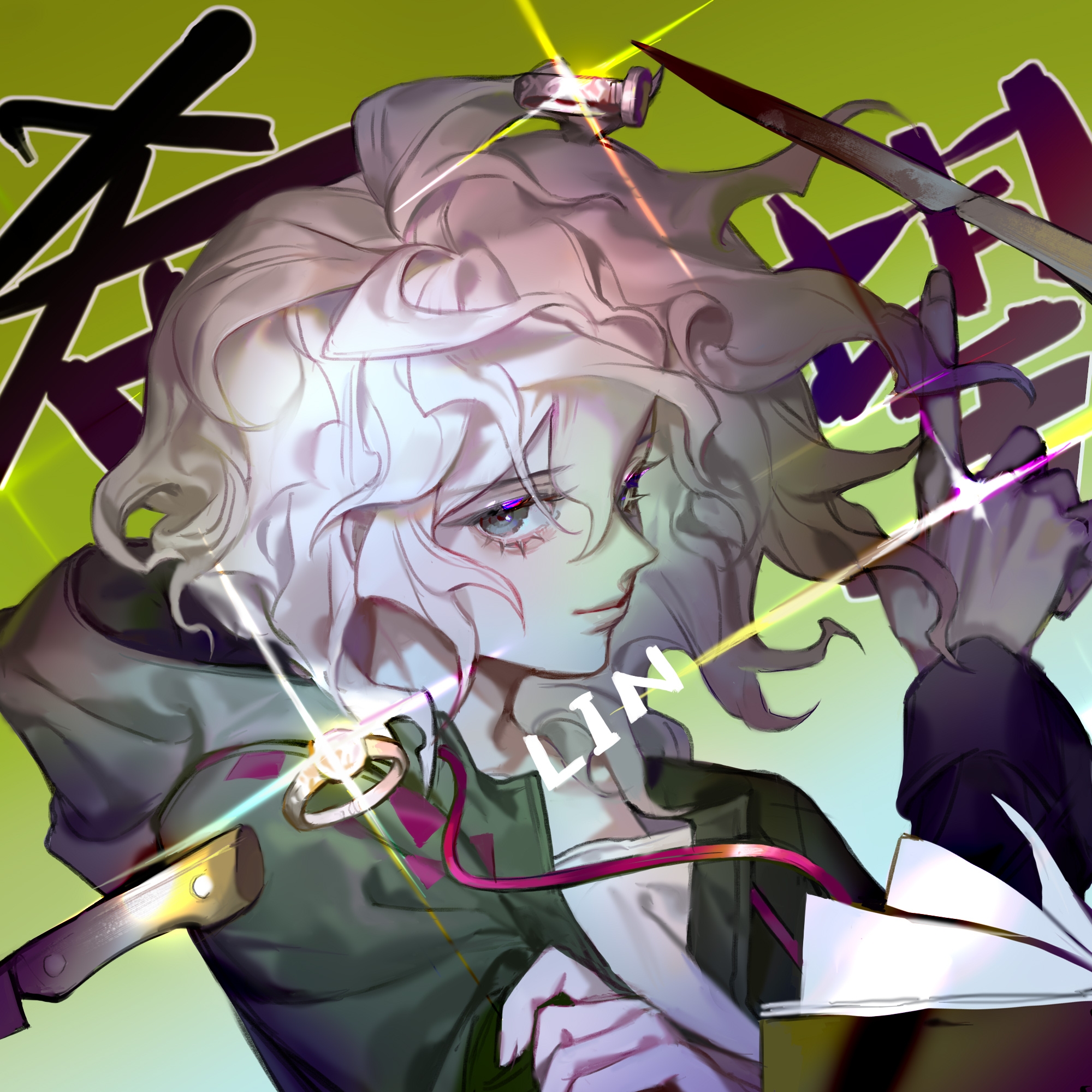 lin09, komaeda nagito, danganronpa (series), danganronpa 2: goodbye despair, commentary, highres, symbol-only commentary, 1boy, artist name, book, closed mouth, eyelashes, glint, gradient background, green background, green jacket, grey eyes, hair between eyes, hand on own arm, hood, hood down, hooded jacket, index finger raised, jacket, jewelry, knife, male focus, medium hair, open book, open clothes, open jacket, ring, shirt, smile, solo, upper body, white shirt