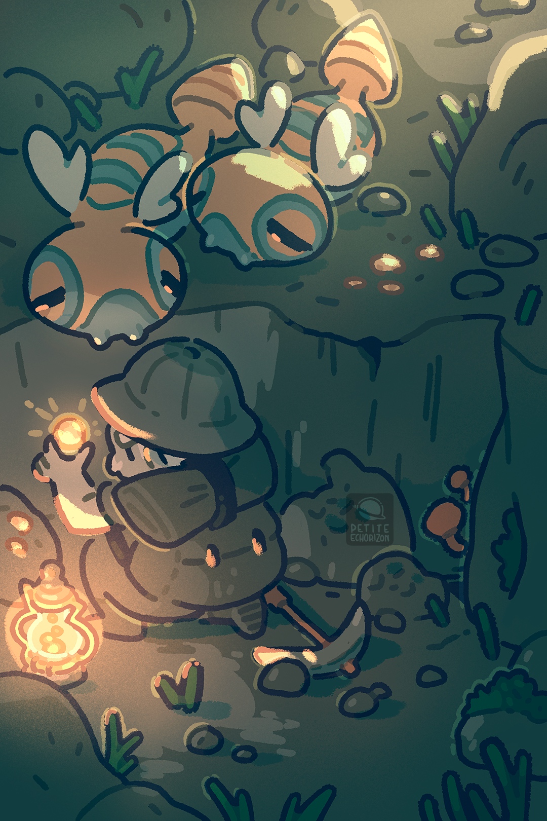 petite echorizon, dunsparce, nintendo, pokemon, commentary, english commentary, highres, black eyes, cave interior, closed eyes, fangs, gen 2 pokemon, grass, lantern, miner, mining, mining helmet, mushroom, pickaxe, pokemon (creature), pokemon focus, wings