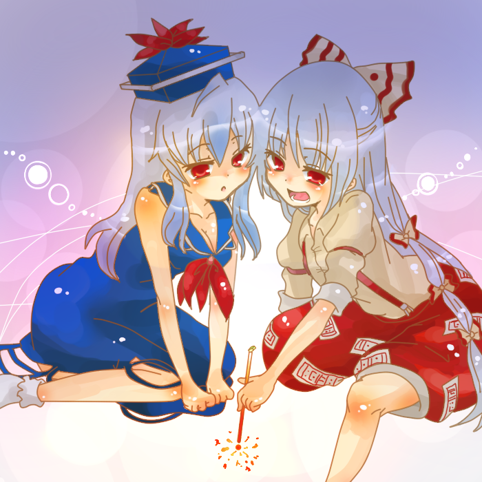 takamura, fujiwara no mokou, kamishirasawa keine, touhou, silver hair, bad id, bad pixiv id, 2girls, :d, :o, beret, blush, female focus, hat, long sleeves, multi-tied hair, multiple girls, ofuda, open mouth, pants, parted lips, red eyes, sitting, smile, tate eboshi, wariza