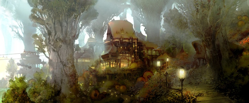 final fantasy, final fantasy xiv, concept art, 10s, forest, landscape, lantern, nature, scenery, town