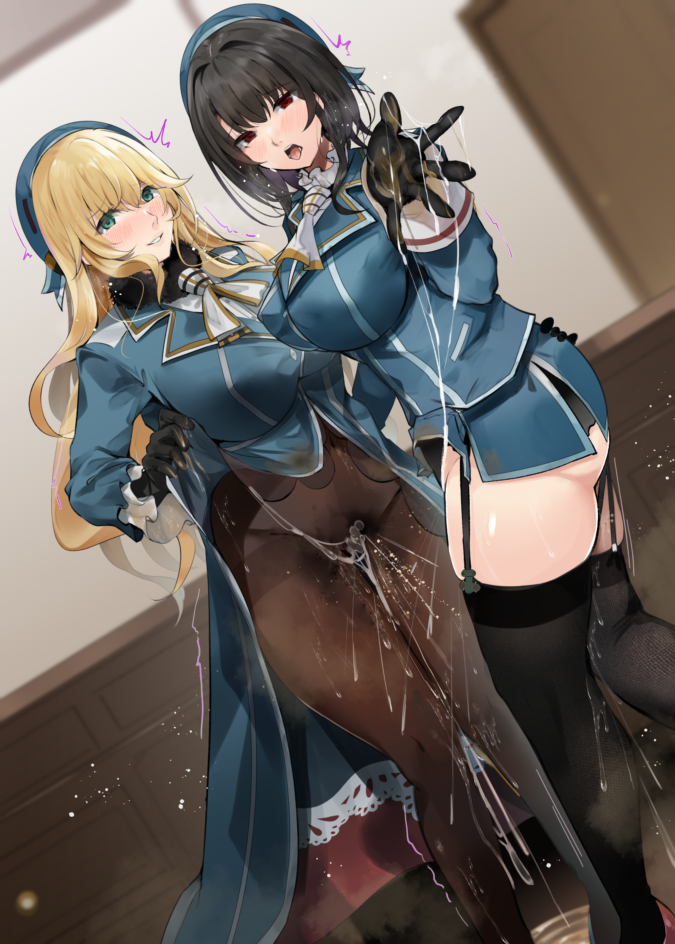 endou (zettai bluenoid), atago (kancolle), takao (kancolle), kantai collection, absurdres, commentary request, highres, 2girls, aftersex, beret, black garter straps, black gloves, black hair, black pantyhose, blonde hair, blue hat, blue jacket, breasts, cum, cum in pussy, cum on body, cum on fingers, cumdrip through clothes, garter straps, gloves, green eyes, hat, indoors, jacket, large breasts, lifting own clothes, long hair, looking at viewer, military hat, military jacket, military uniform, multiple girls, pantyhose, red eyes, short hair, smile
