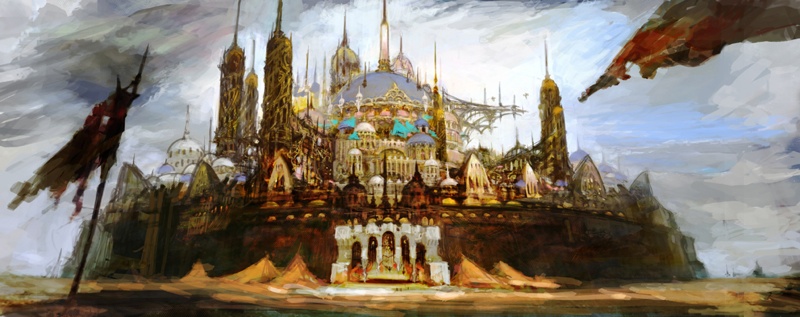 final fantasy, final fantasy xiv, concept art, painting (medium), traditional media, watercolor (medium), 10s, castle, city, flag, fortress, landscape, scenery