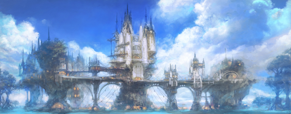 final fantasy, final fantasy xiv, lights, concept art, 10s, architecture, bridge, castle, city, city lights, cityscape, cloud, day, landscape, no humans, ocean, scenery, sky, tree, water