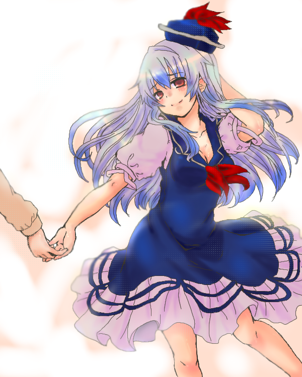 takamura, fujiwara no mokou, kamishirasawa keine, touhou, bad id, bad pixiv id, 1girl, :d, blush, bow, bowtie, female focus, grin, hat, holding hands, open mouth, puffy short sleeves, puffy sleeves, red bow, red bowtie, red eyes, short sleeves, simple background, smile, solo focus, standing, teeth, white background