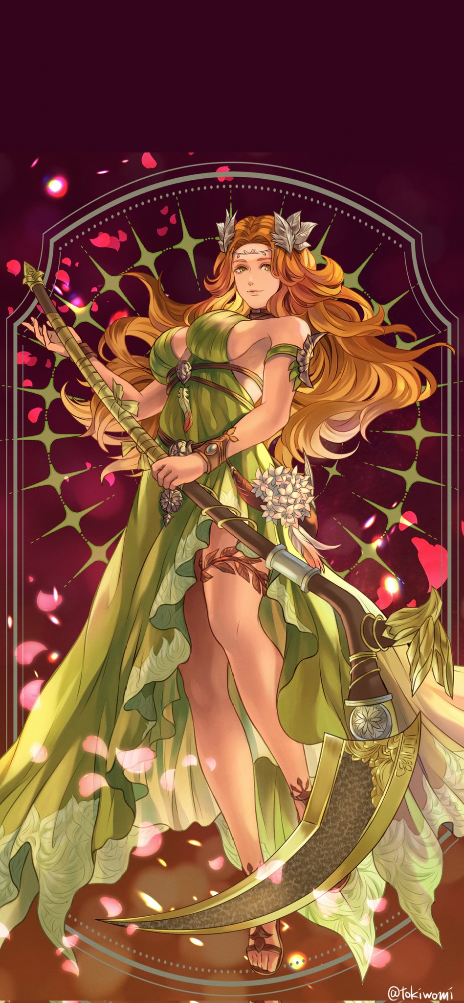 denka (cloudy-gray), character request, commentary request, copyright request, highres, 1girl, breasts, full body, gold, greco-roman clothes, holding, holding sickle, holding weapon, large breasts, laurel crown, long hair, long sleeves, looking at viewer, orange hair, sandals, sickle, solo, standing, weapon