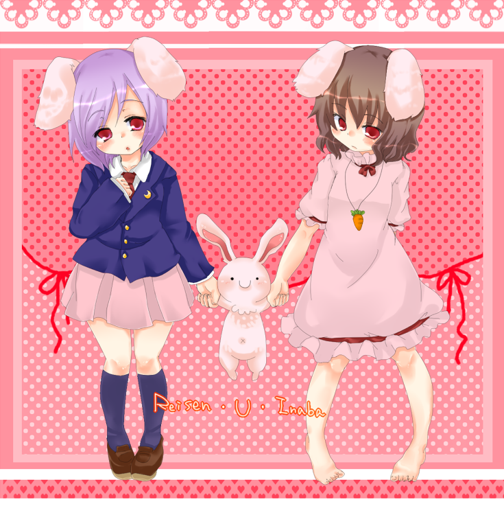 takamura, inaba tewi, reisen, cage in lunatic runagate, touhou, touhou bougetsushou, light purple hair, bad id, bad pixiv id, 2girls, animal ears, brown hair, carrot, child, female focus, head tilt, miniskirt, multiple girls, pigeon-toed, pink eyes, pun, purple hair, rabbit, rabbit ears, short hair, skirt, standing