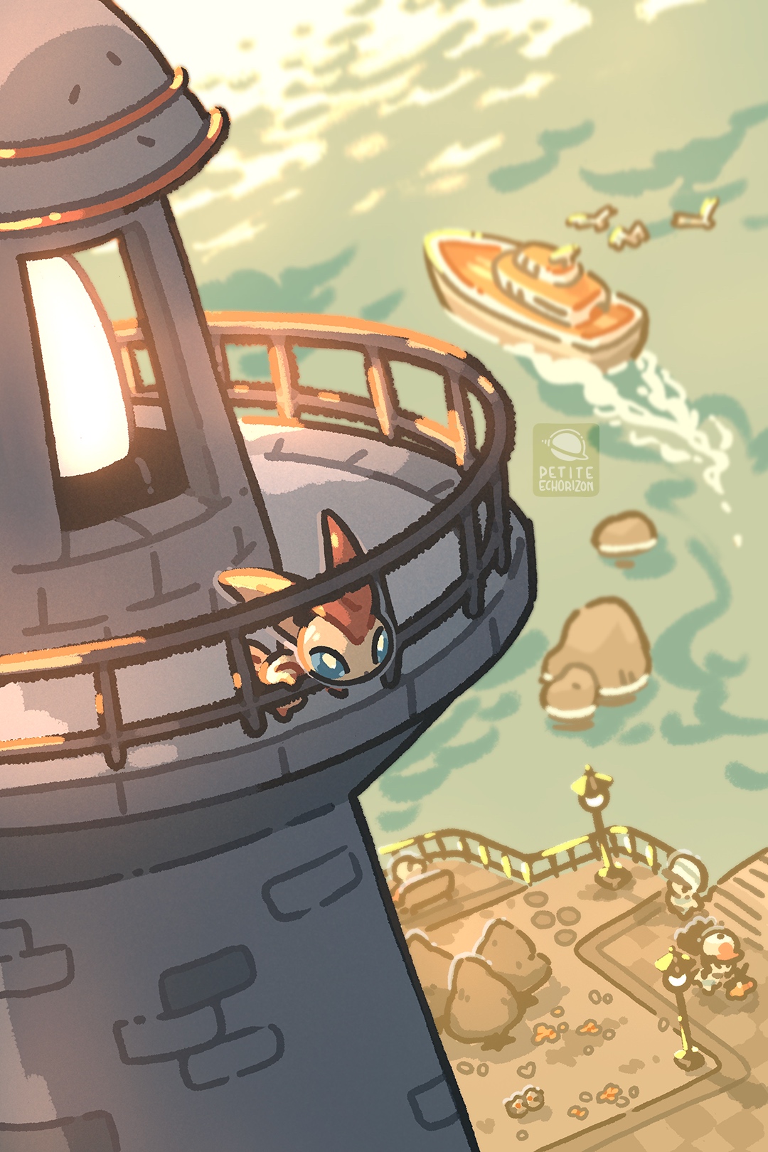 petite echorizon, hilda (pokemon), tepig, victini, wingull, nintendo, pokemon, pokemon bw, commentary, english commentary, highres, 1girl, baseball cap, bird, blue sclera, boat, chibikemo, colored sclera, day, flying, from above, gen 3 pokemon, gen 5 pokemon, hat, legendary pokemon, lighthouse, mythical pokemon, ocean, outdoors, pier, pig, pokemon (creature), pokemon focus, seagull, water, watercraft