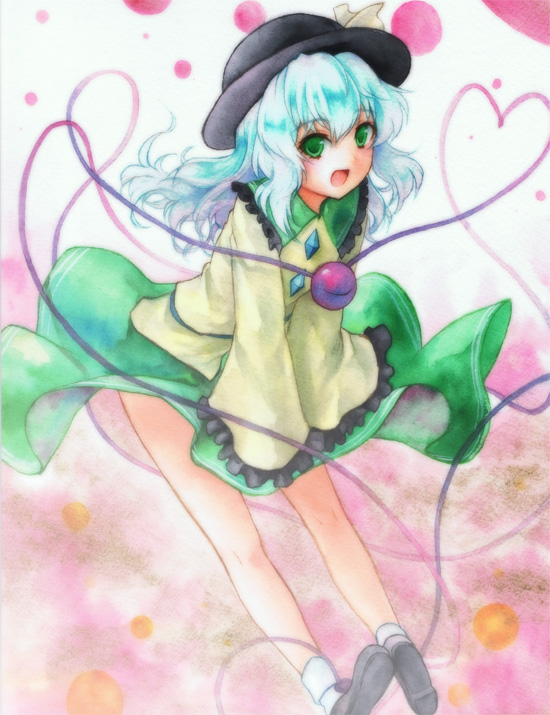 geroro, komeiji koishi, touhou, bad id, bad pixiv id, 1girl, female focus, gradient background, green eyes, green hair, hat, matching hair/eyes, skirt, solo, third eye, white background