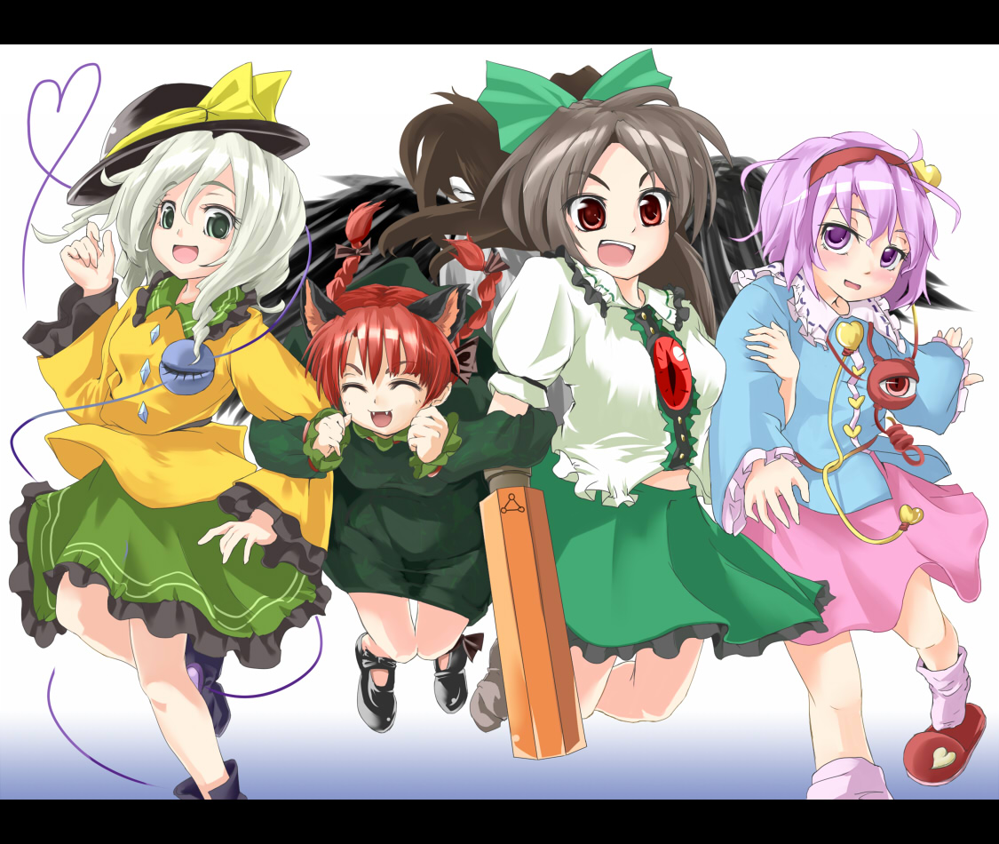 yamu (yamuyama web), kaenbyou rin, komeiji koishi, komeiji satori, reiuji utsuho, touhou, 4girls, ^ ^, animal ears, ankle boots, arm cannon, black wings, blush, boots, bow, braid, brown hair, cat ears, cat girl, closed eyes, dress, extra ears, fang, female focus, frills, green hair, hair bow, hairband, hat, heart, jumping, letterboxed, lineup, locked arms, long hair, long sleeves, mary janes, multiple girls, multiple hair bows, red hair, shoes, short hair, size difference, skirt, standing, standing on one leg, third eye, twin braids, weapon, wide sleeves, wings