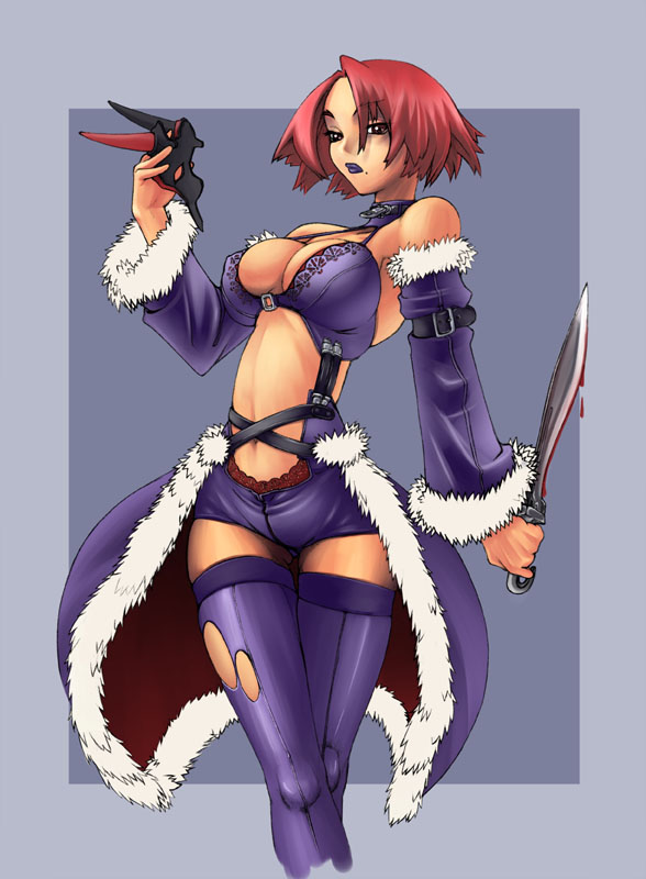 murazono, stalker, stalker (ragnarok online), ragnarok online, 1girl, arm belt, bare shoulders, blood, bloody knife, bloody weapon, breasts, brown eyes, choker, cleavage, collar, crossed legs, detached sleeves, female focus, front-seamed legwear, fur trim, holding, holding mask, knife, kukri, lace trim, large breasts, lipstick, makeup, mask, mole, mole under mouth, purple lips, red hair, seamed legwear, short hair, short shorts, shorts, skinny, slender, solo, spiked collar, spikes, standing, sword, thigh gap, thighhighs, torn clothes, torn thighhighs, watson cross, weapon