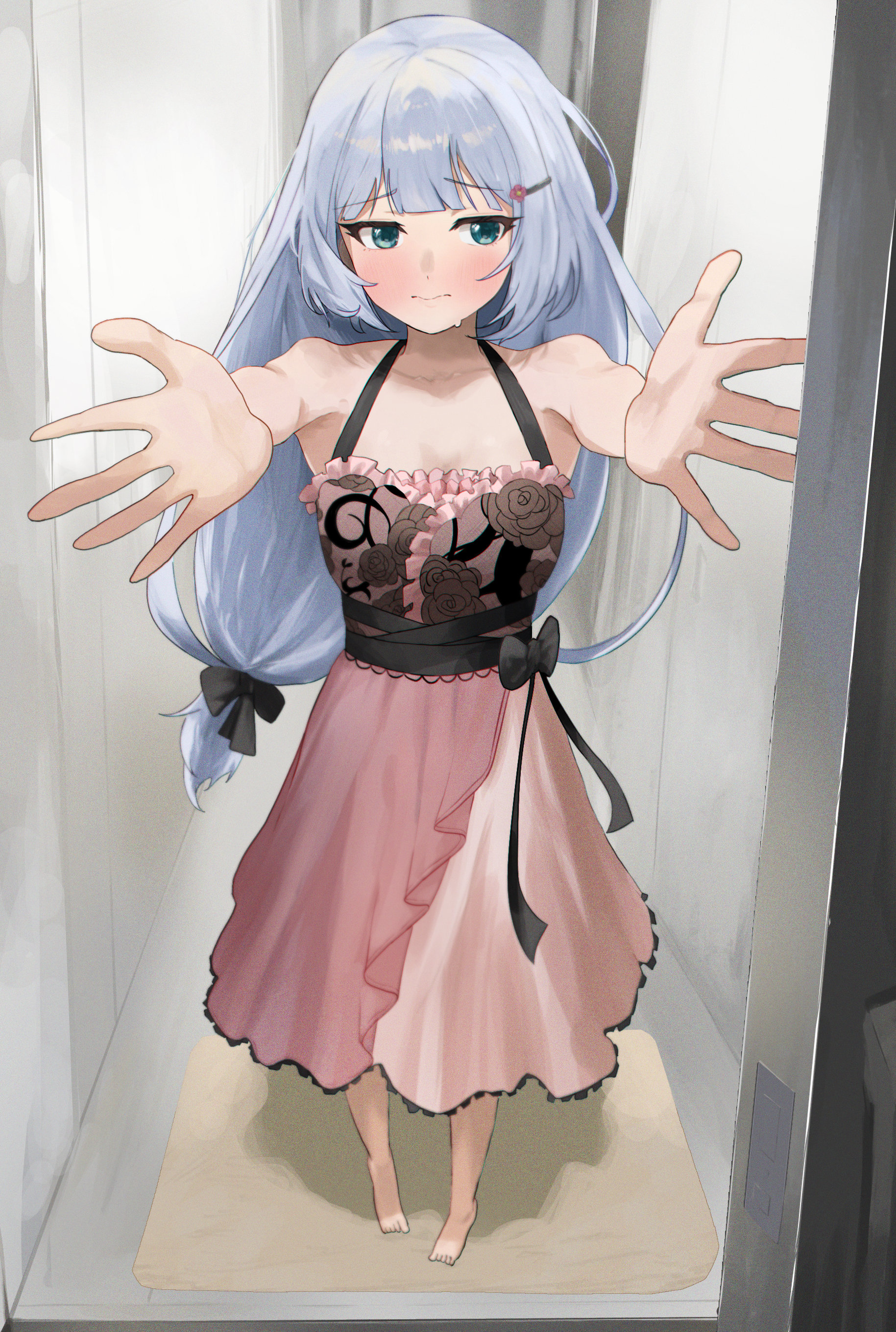 kawagoemurasaki, shiraishi tsumugi, idolmaster, idolmaster million live!, idolmaster million live! theater days, absurdres, commentary request, commission, highres, pixiv commission, 1girl, aqua eyes, barefoot, blush, closed mouth, embarrassed, foreshortening, full body, grey hair, hair ornament, hairclip, incoming hug, indoors, long hair, low-tied long hair, nightgown, official alternate costume, outstretched arms, pink nightgown, sexy beautiful (idolmaster), sideways glance, solo, standing