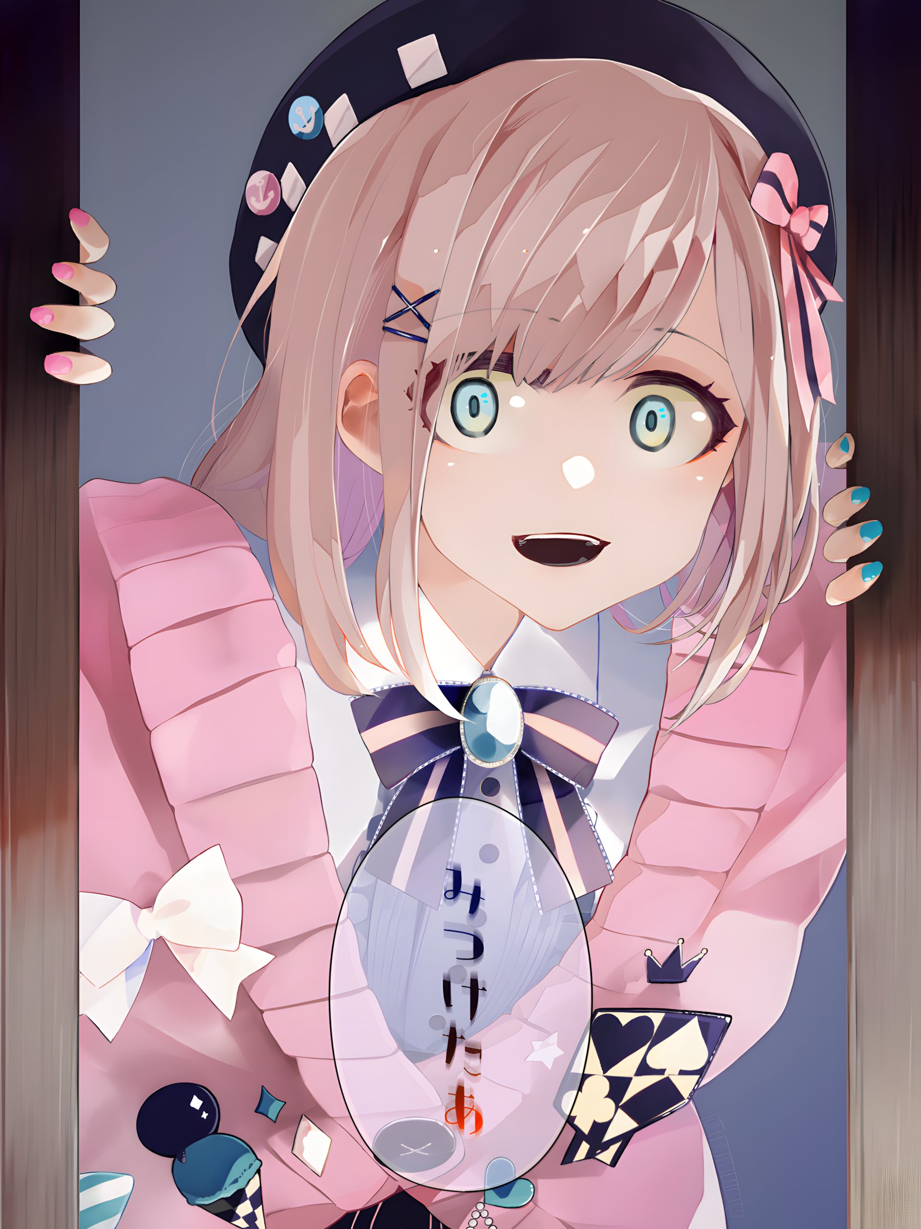 susumu, suzuhara lulu, suzuhara lulu (1st costume), nijisanji, absurdres, commentary, highres, translation request, 1girl, aqua nails, beret, black hat, blush, bow, brown hair, cardigan, center frills, collared shirt, fingernails, frills, green eyes, hair ornament, hairclip, hat, hat pin, long hair, looking at viewer, nail polish, open mouth, pink bow, pink cardigan, pink nails, purple bow, shirt, smile, solo, striped bow, teeth, virtual youtuber, white bow, white shirt, wide-eyed