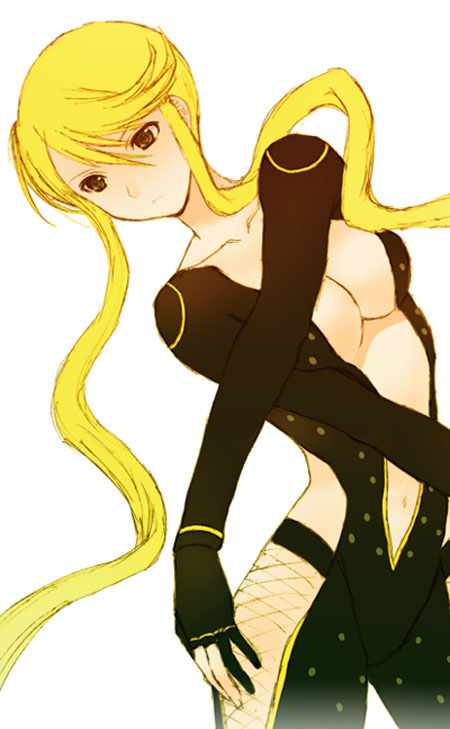 seiru (prairie), kasuga (sengoku basara), sengoku basara, 00s, 1girl, bare hips, blonde hair, bodysuit, breasts, brown eyes, center opening, female focus, fingerless gloves, fishnets, gloves, large breasts, long hair, navel, simple background, solo, twintails, very long hair