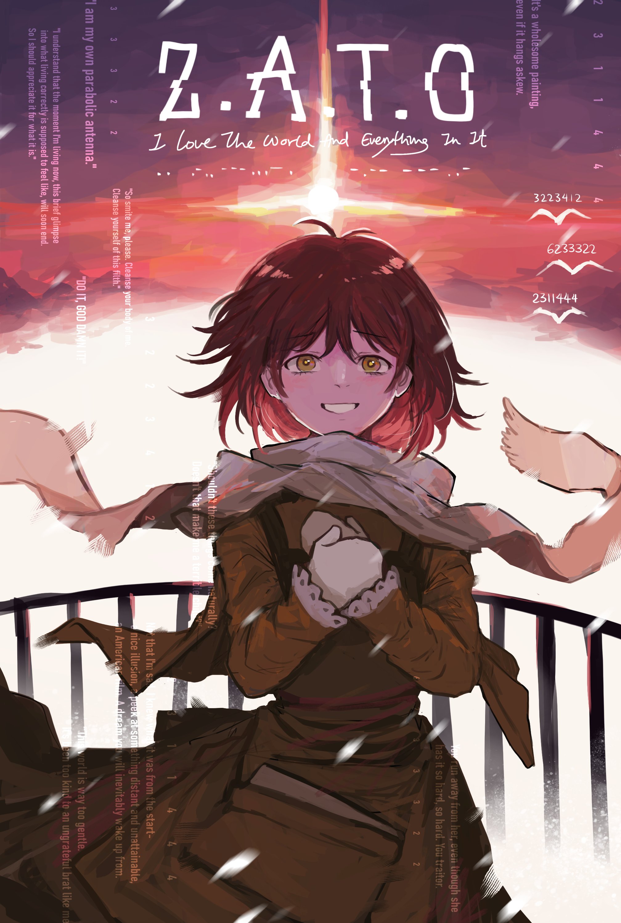 absurdres, commentary, english commentary, highres, 1girl, asya shubina, brown dress, brown eyes, brown hair, copyright name, cowboy shot, dress, english text, gloves, hands on own chest, illustsushi, long sleeves, looking at viewer, parted lips, scarf, school uniform, short hair, sky, smile, solo, teeth, white gloves, white scarf, z.a.t.o. // i love the world and everything in it