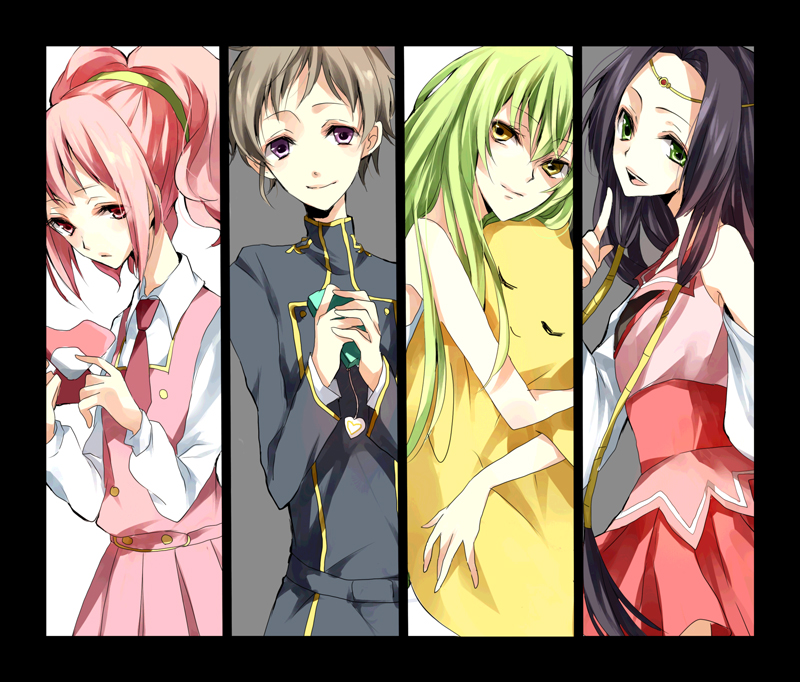 karu, yuzuki karu, anya alstreim, c.c., cheese-kun, rolo lamperouge, sumeragi kaguya, code geass, pizza hut, bad id, bad pixiv id, 00s, 1boy, 3girls, black hair, brown hair, cellphone, circlet, column lineup, green eyes, green hair, hairband, japanese clothes, jewelry, locket, long hair, multiple girls, necktie, pendant, phone, pink hair, ponytail, purple eyes, red eyes, school uniform, short hair, skirt, smile, yellow eyes