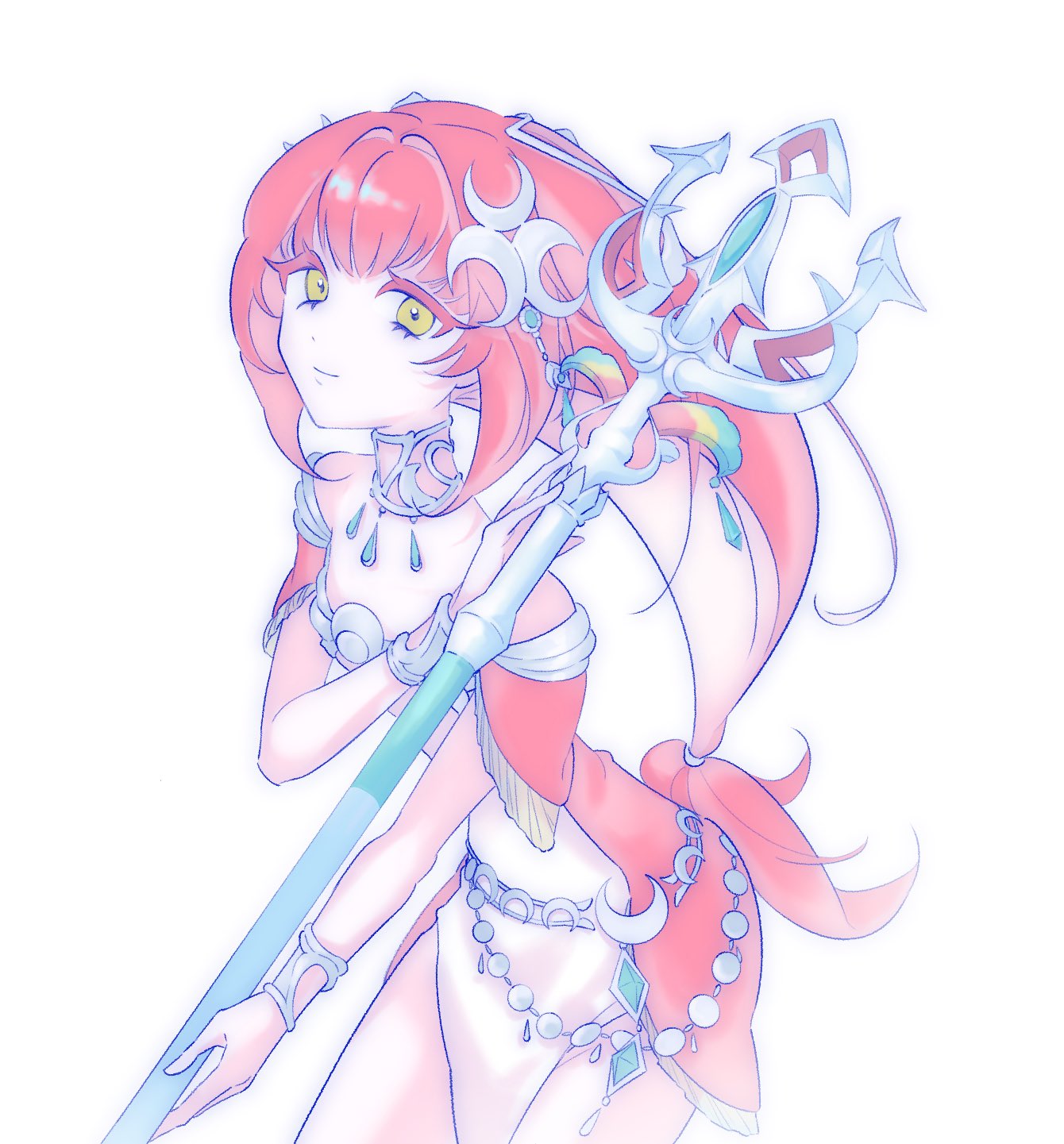 mipha, nintendo, the legend of zelda, the legend of zelda: breath of the wild, highres, 00bbb lz, 1girl, bracelet, bracer, breasts, closed mouth, colored eyelashes, colored skin, cowboy shot, detached sleeves, dress, holding, holding polearm, holding weapon, humanization, jewelry, light smile, long hair, low-tied long hair, medium breasts, off-shoulder dress, off shoulder, pelvic curtain, pendant choker, polearm, red dress, red hair, sidelocks, silver bracelet, silver choker, silver trim, solo, trident, weapon, white background, white skin, yellow eyes