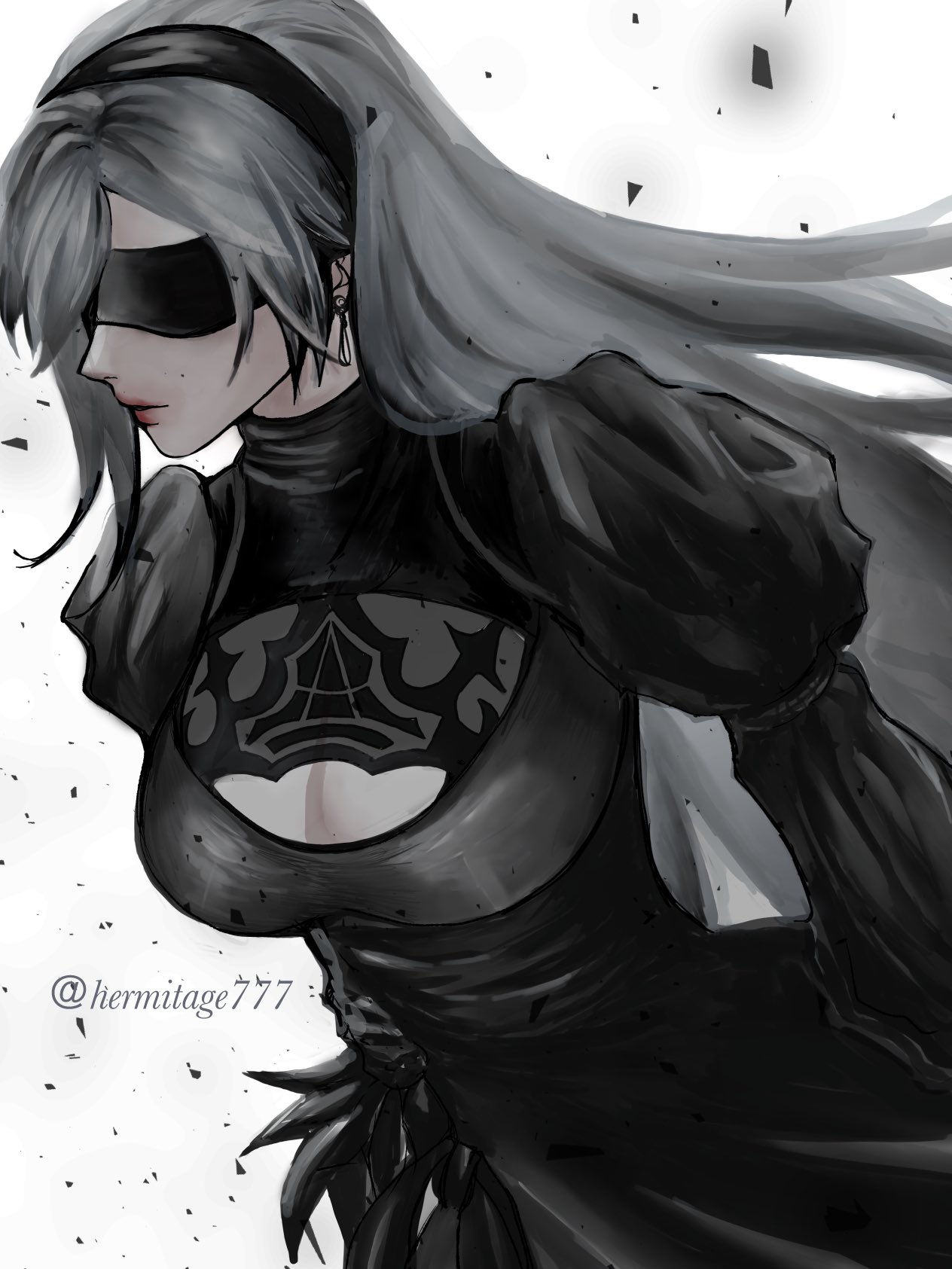 ha lu77, 2b (nier:automata), tifa lockhart, final fantasy, final fantasy vii, final fantasy vii: ever crisis, nier:automata, nier (series), commentary, highres, 1girl, 2b (nier:automata) (cosplay), black dress, black headband, blindfold, breasts, cleavage, cleavage cutout, closed mouth, clothing cutout, company connection, cosplay, debris, dress, earrings, feather-trimmed sleeves, grey hair, headband, jewelry, juliet sleeves, large breasts, lips, long hair, long sleeves, official alternate costume, puffy sleeves, single earring, solo, teardrop earrings, turtleneck, turtleneck dress, twitter username, upper body