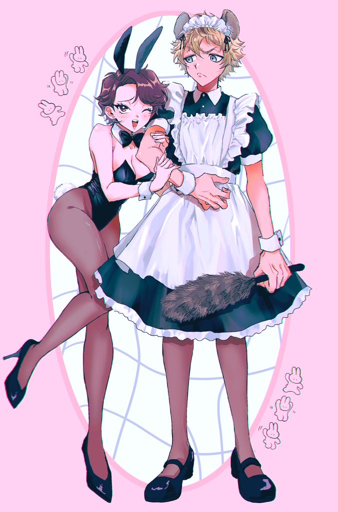 ruggie bucchi, original, twisted wonderland, commentary request, 1boy, 1girl, 7skk, :<, ;d, alternate costume, animal ear fluff, animal ears, apron, arm at side, arm hug, asymmetrical bangs, black bow, black bowtie, black dress, black leotard, black shoes, blonde hair, blue eyes, blush, border, bow, bowtie, breasts, brown hair, cleavage, cocked eyebrow, collarbone, contrast collar, crossdressing, crossdressing (mtf), curtained hair, detached collar, dress, duster, earrings, eyelashes, fake animal ears, fake tail, fingernails, frilled apron, frills, full body, furrowed brow, grid background, grin, hair between eyes, hetero, high heels, highleg, highleg leotard, holding, holding duster, hyena boy, hyena ears, inset border, jewelry, leaning forward, leotard, maid, maid apron, maid headdress, male maid, mary janes, medium breasts, medium dress, motion lines, oc x canon, one eye closed, open mouth, pantyhose, parted hair, pink background, playboy bunny, puffy short sleeves, puffy sleeves, rabbit ears, rabbit tail, raised inner eyebrows, round border, shoes, short hair, short sleeves, smile, standing, standing on one leg, strapless, strapless leotard, stud earrings, tail, tareme, wavy hair, white apron, white background, white wrist cuffs, wrist cuffs