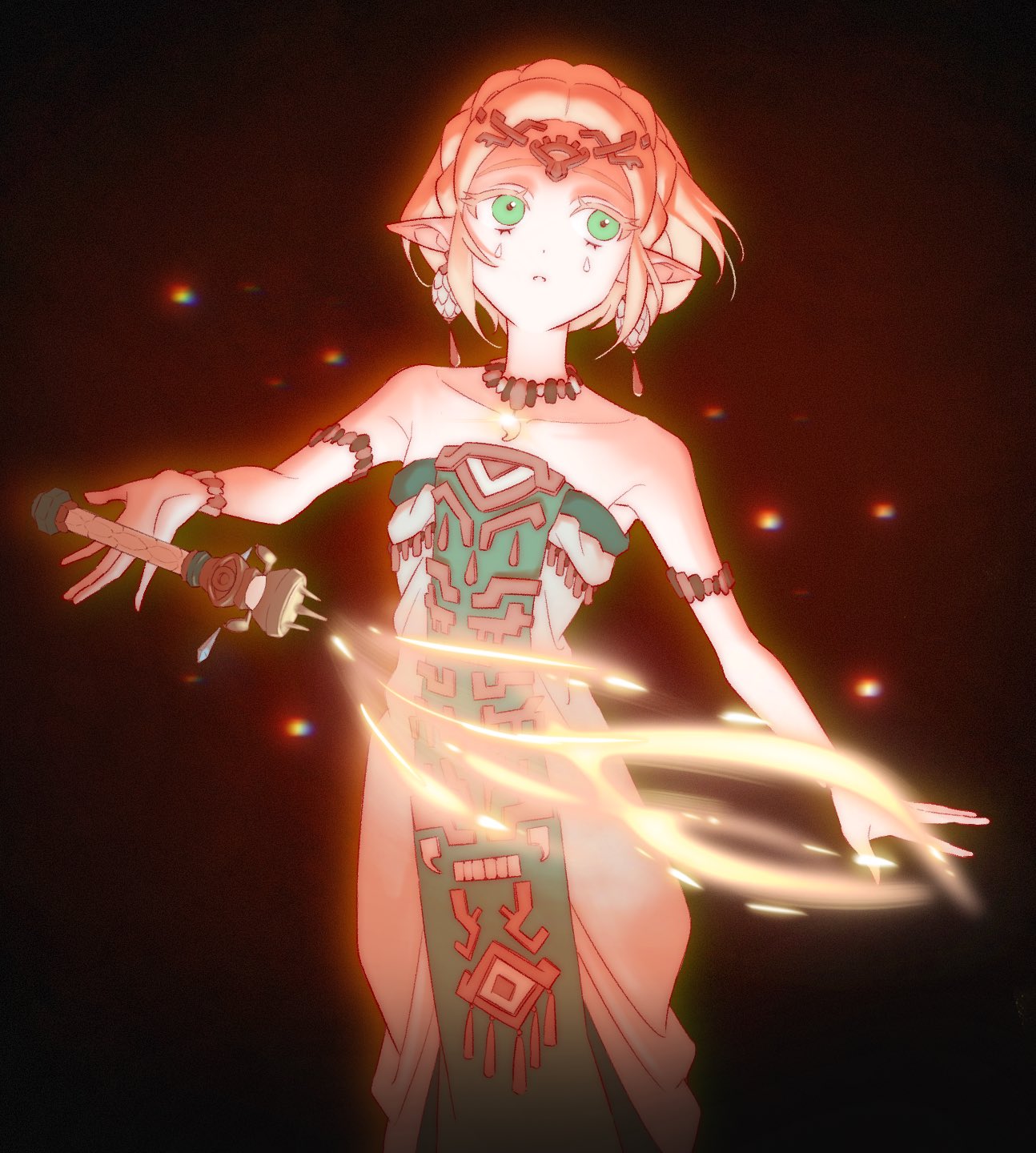 princess zelda, hyrule warriors: age of imprisonment, nintendo, the legend of zelda, the legend of zelda: tears of the kingdom, commentary request, highres, korean commentary, 00bbb lz, 1girl, armlet, bare shoulders, blonde hair, bracelet, braid, breasts, choker, circlet, collarbone, colored eyelashes, cowboy shot, crown braid, dress, earrings, green eyes, holding, holding weapon, jewelry, long dress, magatama, magatama necklace, medium breasts, necklace, parted bangs, parted lips, pointy ears, secret stone, short hair, sidelocks, simple background, solo, strapless, strapless dress, teardrop facial mark, weapon