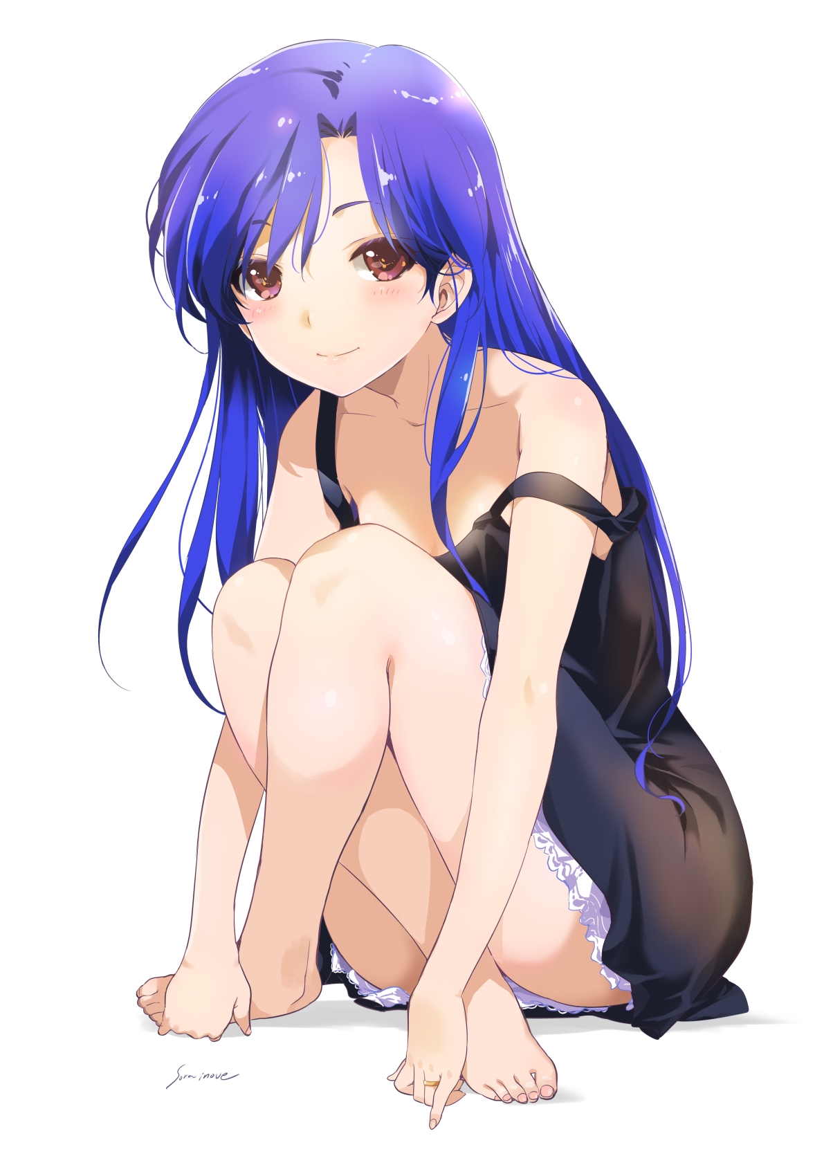 inoue sora, kisaragi chihaya, idolmaster, idolmaster (classic), commentary request, highres, 1girl, arm support, bare arms, bare legs, bare shoulders, barefoot, black dress, blue hair, blush, breasts, brown eyes, cleavage, collarbone, convenient leg, crossed legs, dress, feet, full body, hair between eyes, hands on feet, jewelry, knees up, legs, long hair, looking at viewer, nightgown, open mouth, ring, signature, simple background, sitting, sleeveless, sleeveless dress, smile, solo, strap slip, toes, white background