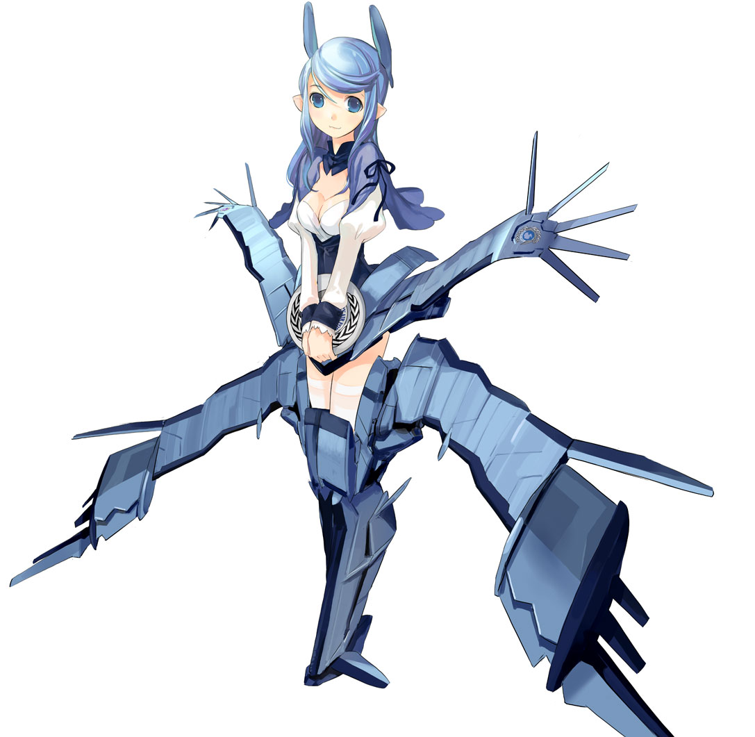 aac-04 banshee, banshee, sentou yousei yukikaze, artist request, source request, 00s, 1girl, aircraft carrier, blue eyes, blue hair, breasts, carrier, choker, cleavage, fairy air force, female focus, long hair, matching hair/eyes, mecha, mecha musume, military, military vehicle, pointy ears, ribbon, robot, ship, simple background, sky base, smile, solo, standing, striker unit, thighhighs, tray, waitress, warship, watercraft, white thighhighs, wings, zettai ryouiki