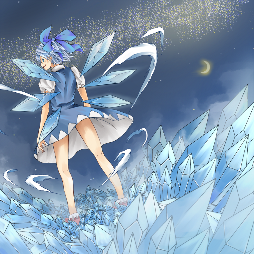 yakitori (artist), cirno, embodiment of scarlet devil, touhou, bad id, bad pixiv id, blue eyes, blue hair, ice, moon, panties, pantyshot, short hair, solo, striped clothes, striped panties, underwear, wings