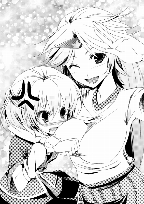 nigo (aozoragarou), hoshiguma yuugi, mizuhashi parsee, touhou, 2girls, angry, arm around neck, arm warmers, blush, breast envy, breasts, female focus, greyscale, horns, long hair, monochrome, multiple girls, one eye closed, salute, short hair, single horn, wink