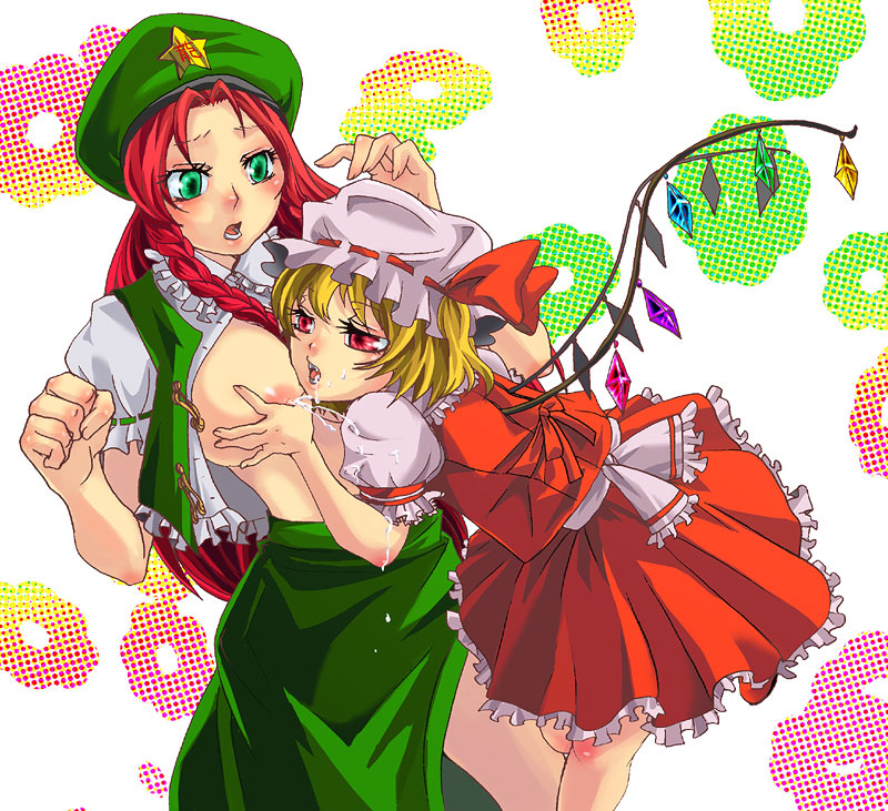 miero, flandre scarlet, hong meiling, embodiment of scarlet devil, touhou, bad id, bad pixiv id, 2girls, blonde hair, braid, breasts, china dress, chinese clothes, dress, female focus, green eyes, hat, lactation, large breasts, long hair, multiple girls, nipples, one side up, open clothes, open shirt, ponytail, red eyes, red hair, shirt, short hair, side ponytail, twin braids, wings, yuri