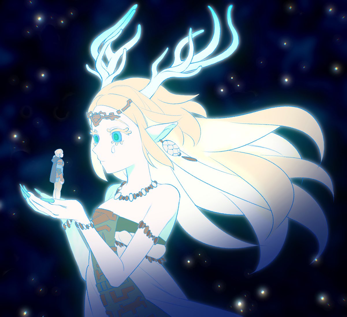 light dragon (zelda), link, princess zelda, nintendo, the legend of zelda, the legend of zelda: tears of the kingdom, hashtag-only commentary, spoilers, 00bbb lz, 1boy, 1girl, animal ears, aqua nails, armlet, armor, bare shoulders, black cloak, blonde hair, blue eyes, blue tunic, bracelet, breasts, circlet, cloak, colored eyelashes, dragon ears, dragon girl, dragon horns, dress, earrings, fingernails, hood, hood down, hooded cloak, horns, in palm, jewelry, long fingernails, long hair, looking at another, low ponytail, medium breasts, necklace, parted bangs, ponytail, shoulder armor, sidelocks, size difference, standing, strapless, strapless dress, teardrop facial mark, transformation, tunic, upper body, white dress