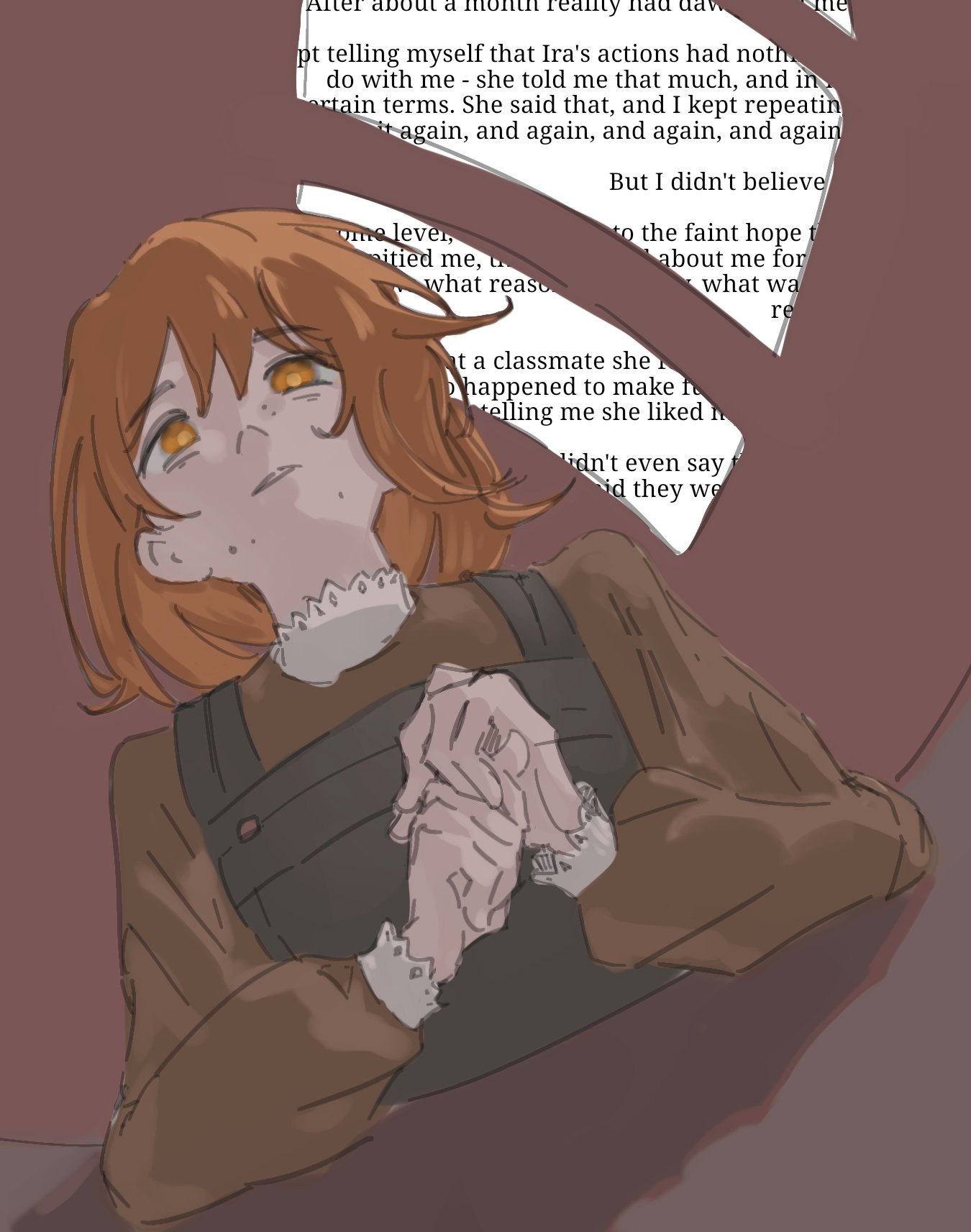 commentary, english commentary, highres, 1girl, asya shubina, brown dress, brown eyes, brown hair, dress, english text, from below, half-closed eyes, long sleeves, looking afar, luduck7, panicking, parted lips, school uniform, short hair, solo, teeth, z.a.t.o. // i love the world and everything in it