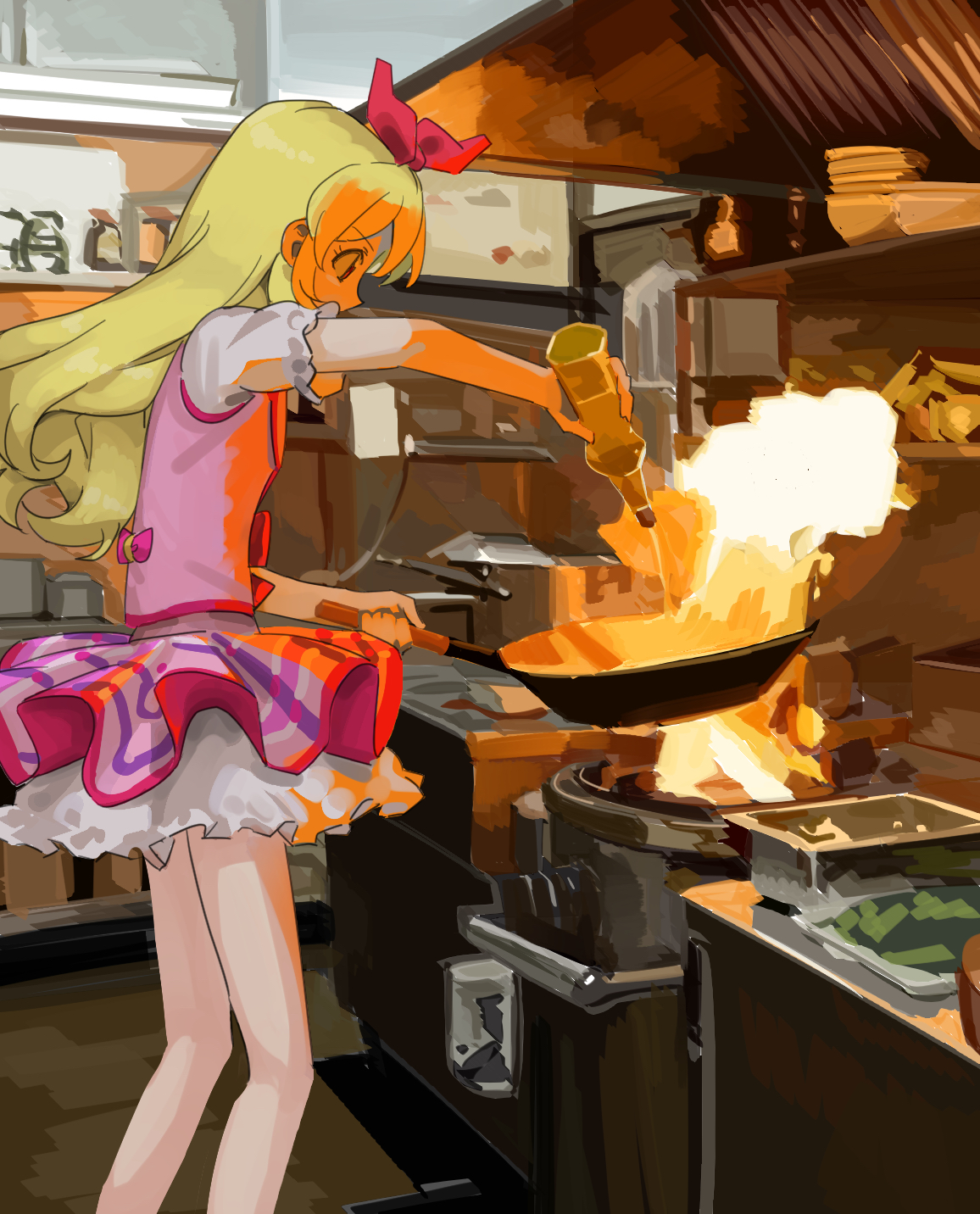 anisakisu, hoshimiya ichigo, aikatsu!, aikatsu! (series), commentary request, highres, 1girl, blonde hair, bottle, bow, cooking, fire, from side, hair bow, holding, holding bottle, holding pan, kitchen, long hair, magical girl, pink bow, pink skirt, pink vest, puffy sleeves, skirt, solo, standing, vest