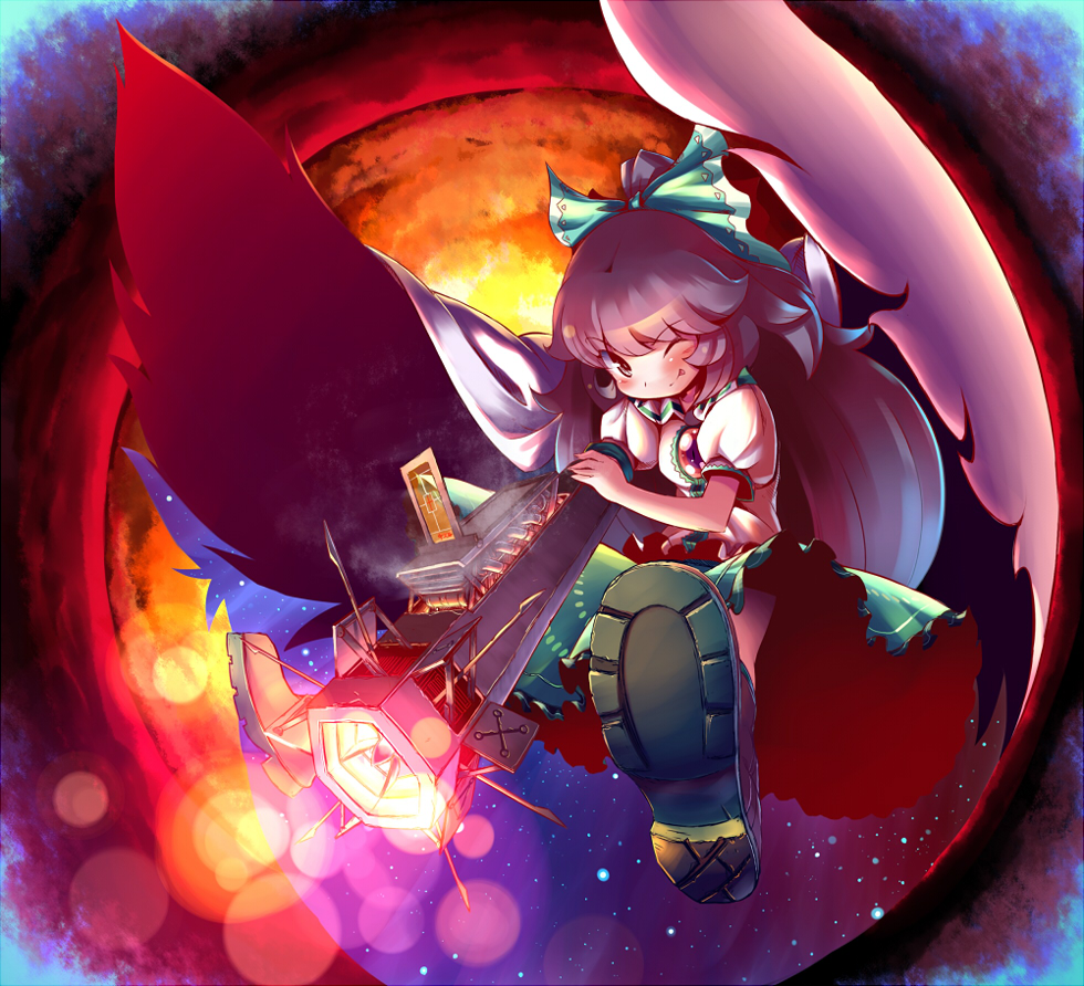 takahero, reiuji utsuho, touhou, 1girl, :p, black hair, bow, cape, female focus, gradient background, hair bow, long hair, one eye closed, shoes, skirt, solo, tongue, tongue out, wings, wink