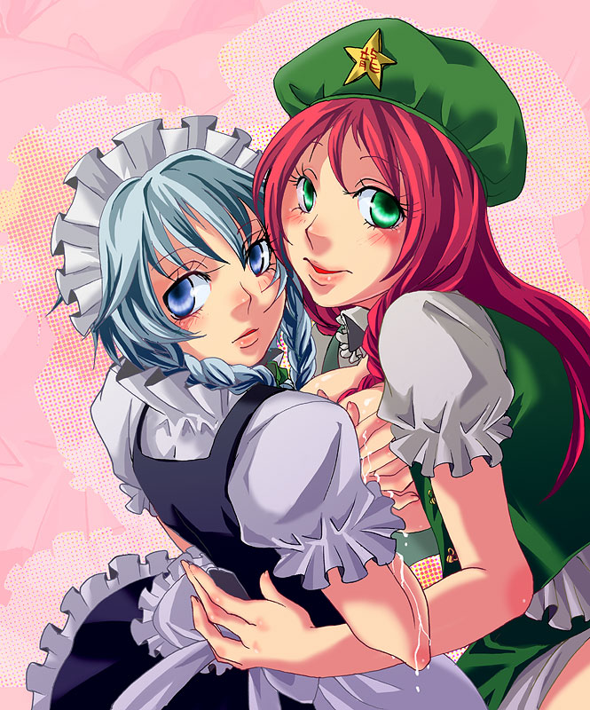 miero, hong meiling, izayoi sakuya, embodiment of scarlet devil, touhou, silver hair, bad id, bad pixiv id, 2girls, blue eyes, braid, breasts, china dress, chinese clothes, dress, female focus, green eyes, hat, hug, lactation, large breasts, long hair, multiple girls, red hair, short hair, twin braids, yuri