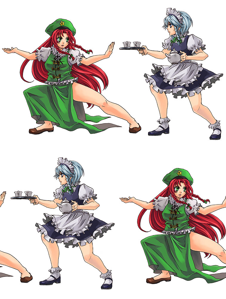 miero, hong meiling, izayoi sakuya, immaterial and missing power, touhou, silver hair, 2girls, blue eyes, braid, china dress, chinese clothes, cup, dress, female focus, green eyes, hat, long hair, maid, mary janes, multiple girls, multiple views, red hair, shoes, short hair, simple background, skirt, tea, teacup, teapot, tileable, tray, twin braids, white background