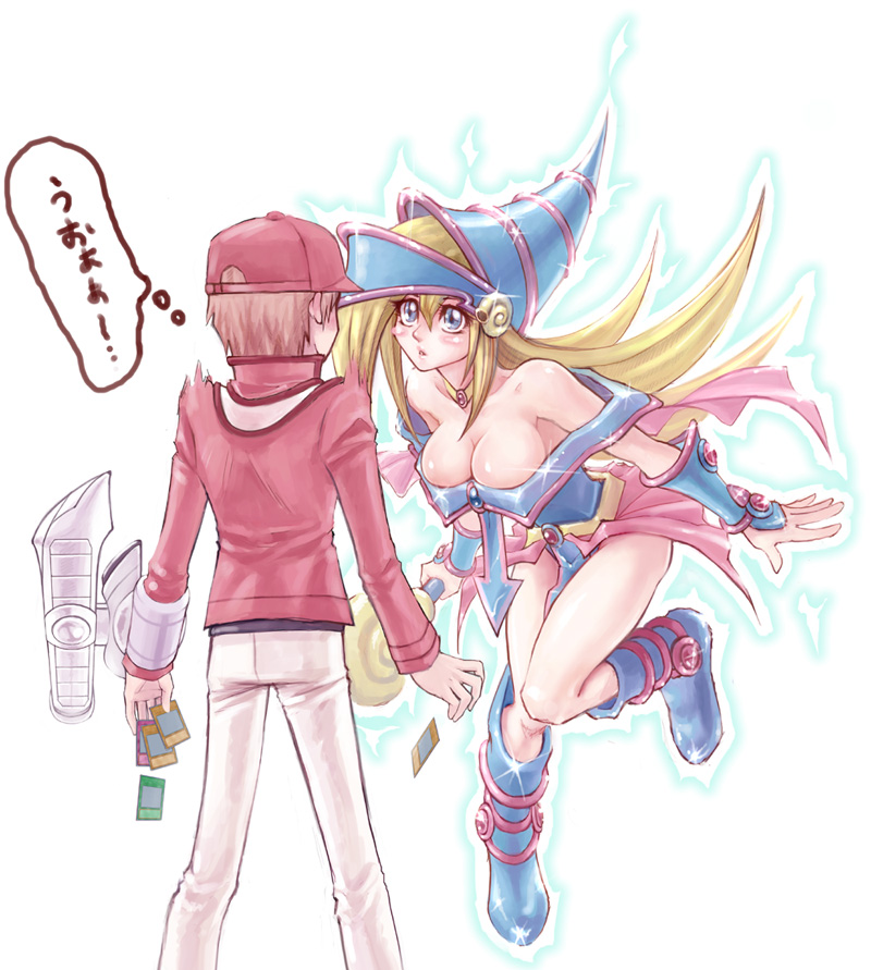 hisigata, dark magician girl, konami-kun, yu-gi-oh!, yu-gi-oh! duel monsters, yu-gi-oh! gx, yu-gi-oh! tag force, blue footwear, translated, 1boy, 1girl, arrow (symbol), bare legs, bare shoulders, baseball cap, blonde hair, blue eyes, blush, boots, breasts, cape, card, choker, cleavage, curious, curvy, detached sleeves, duel disk, duel monster, eye contact, flipped hair, floating card, from behind, full body, gem, hair between eyes, hat, holding, holding card, jewelry, knee boots, large breasts, leaning forward, leg lift, long hair, looking at another, magical girl, neck ring, off shoulder, osiris red uniform, outline, pants, pleated skirt, shiny skin, showgirl skirt, sidelocks, simple background, skirt, sparkle, surprised, very long hair, wand, white background, witch hat, wizard hat, yu-gi-oh (card)