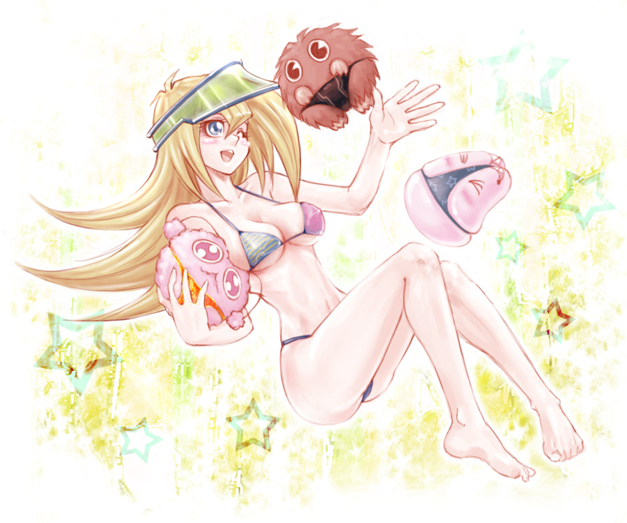 hisigata, dark magician girl, kuriboh, marshmallon, watapon, yu-gi-oh!, yu-gi-oh! duel monsters, traditional media, 1girl, barefoot, bikini, black male swimwear, black swim briefs, blonde hair, blue eyes, breasts, cleavage, creature, curvy, duel monster, feet, female focus, large breasts, long hair, magical girl, male swimwear, one eye closed, shiny skin, solo, swim briefs, swimsuit, thong, wink