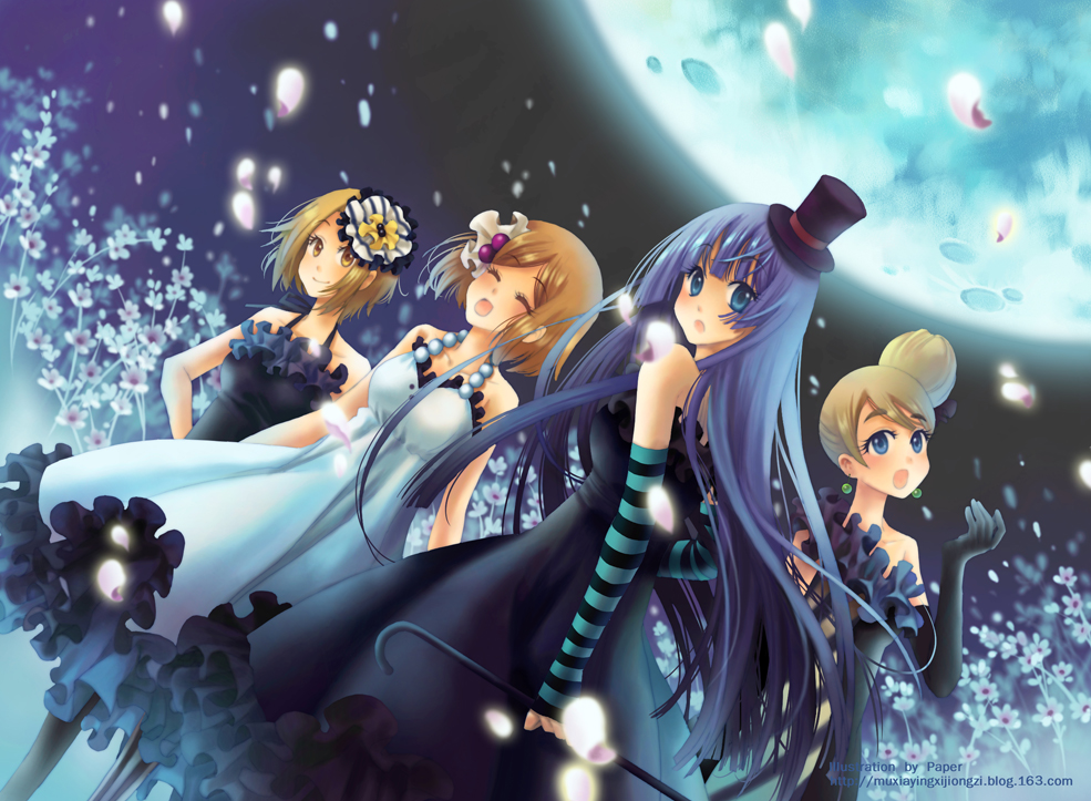 muxiaying, akiyama mio, hirasawa yui, kotobuki tsumugi, tainaka ritsu, don't say "lazy", k-on!, striped legwear, vertical-striped legwear, 00s, 4girls, blonde hair, blue eyes, blue hair, blunt bangs, brown eyes, brown hair, cane, closed eyes, dress, elbow gloves, fingerless gloves, flower, gloves, hair ornament, hat, hime cut, ho-kago tea time, long hair, mini hat, mini top hat, moon, multiple girls, open mouth, pantyhose, short hair, skirt, striped clothes, striped pantyhose, top hat, vertical-striped clothes, vertical-striped pantyhose