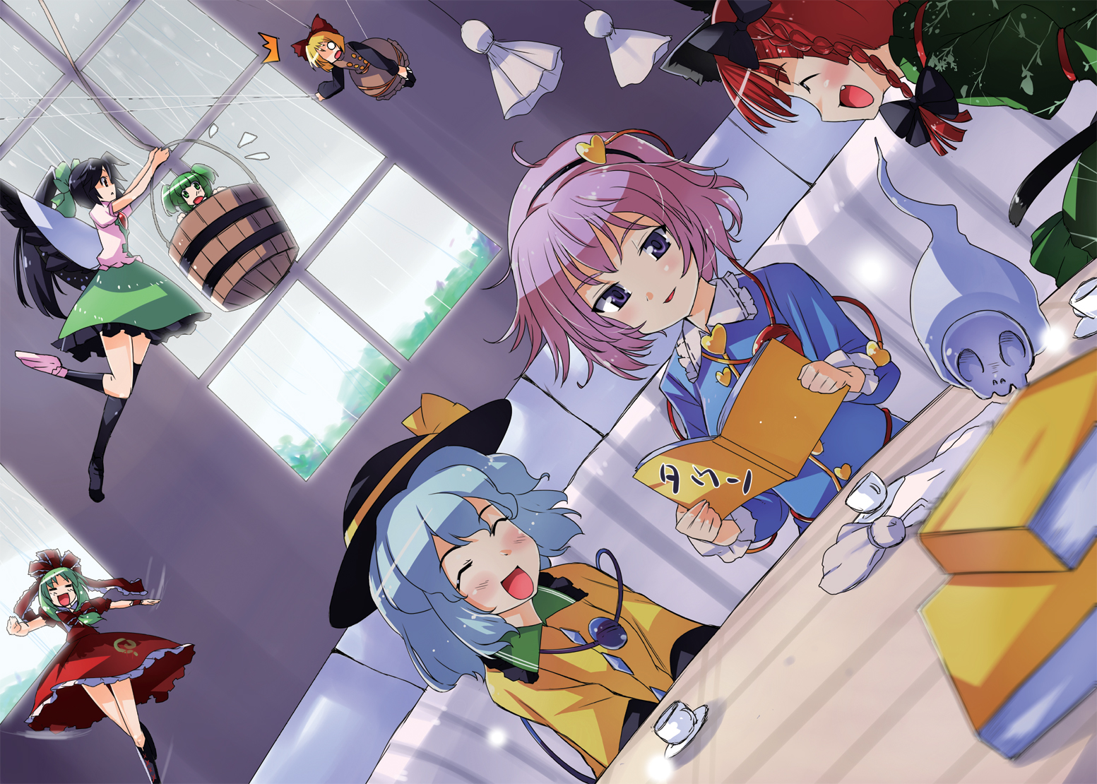 kiku hitomoji, tora tooru, toru tooru, kaenbyou rin, kagiyama hina, kisume, komeiji koishi, komeiji satori, kurodani yamame, reiuji utsuho, touhou, 6+girls, bucket, dutch angle, female focus, in bucket, in container, multiple girls, rain, teruterubouzu
