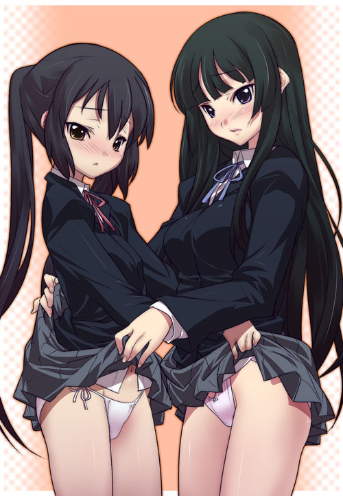 hikage eiji, nichi ineiji, akiyama mio, nakano azusa, k-on!, 00s, 2girls, :<, age difference, black hair, blue eyes, blunt bangs, blush, breasts, brown eyes, clothes lift, height difference, hime cut, large breasts, loli, long hair, multiple girls, onee-loli, panties, pink panties, school uniform, side-tie panties, skirt, skirt lift, small breasts, twintails, underwear, very long hair, white panties, yuri