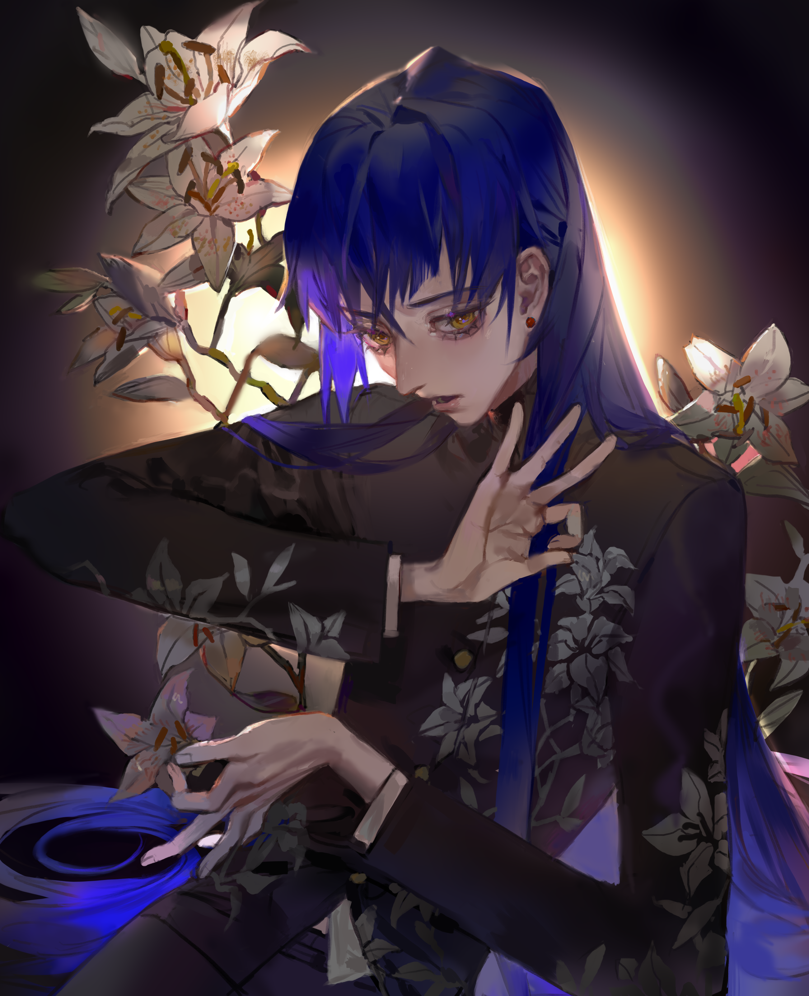 lin09, protagonist (smtv), shin megami tensei, shin megami tensei v, absurdres, chinese commentary, commentary request, highres, 1boy, androgynous, black jacket, black pants, blue hair, buttons, cowboy shot, earrings, eyelashes, floral print, flower, high collar, jacket, jewelry, lily (flower), long hair, male focus, pants, print jacket, solo, stud earrings, white flower, yellow eyes